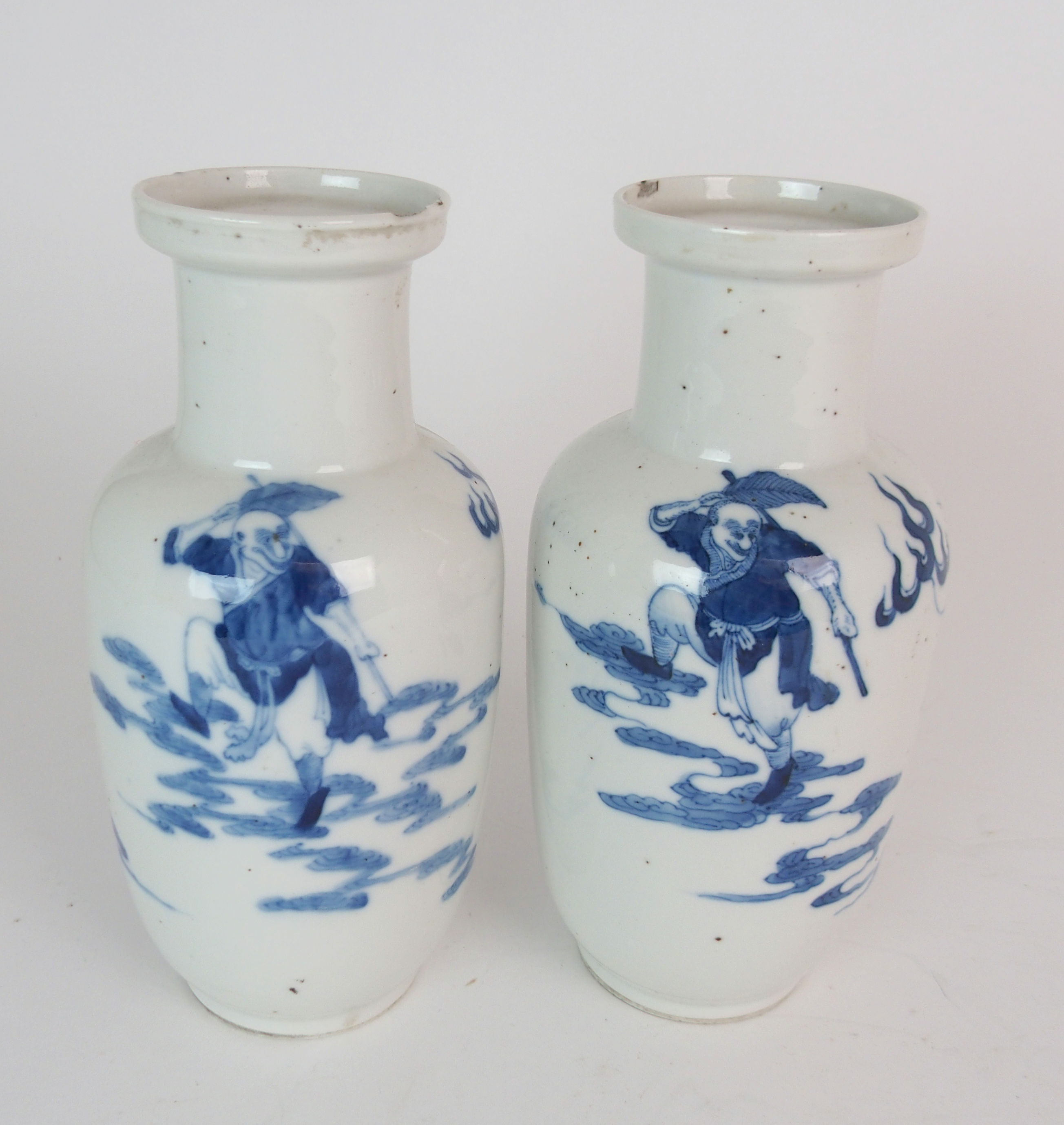 A PAIR CHINESE BLUE AND WHITE BALUSTER VASES painted with warriors astride mythical beasts, - Image 3 of 9