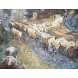 THORA CLYNE SSWA (SCOTTISH 1937-2020) MOVING THE FLOCK Oil on canvas, signed, 76 x 102cm (30 x