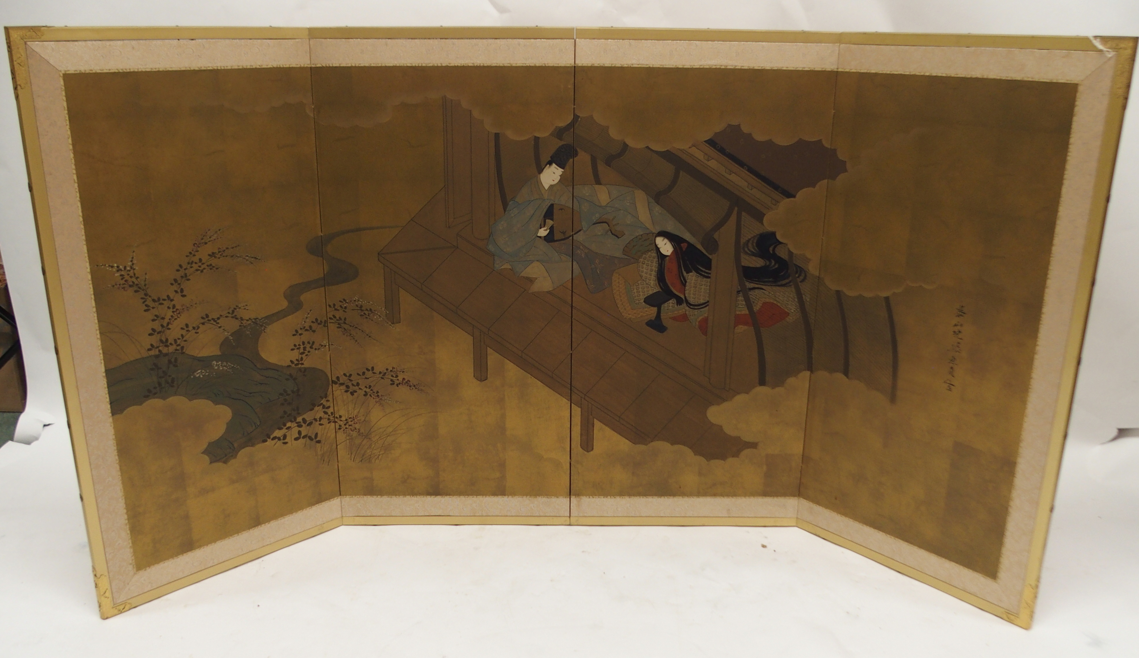 TWO JAPANESE FOUR FOLD SCREENS each with a mandarin and consorts on pavilions, reserves on a gold - Image 2 of 12