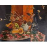 •NORMAN KIRKHAM RGI (SCOTTISH 1936-2021) STILL LIFE WITH FRUIT AND FLOWERS Oil on canvas, signed, 71