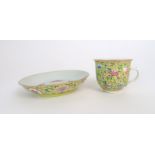*WITHDRAWN* A CHINESE YELLOW GROUND CUP AND A SAUCER the cup with ribbed body and painted with