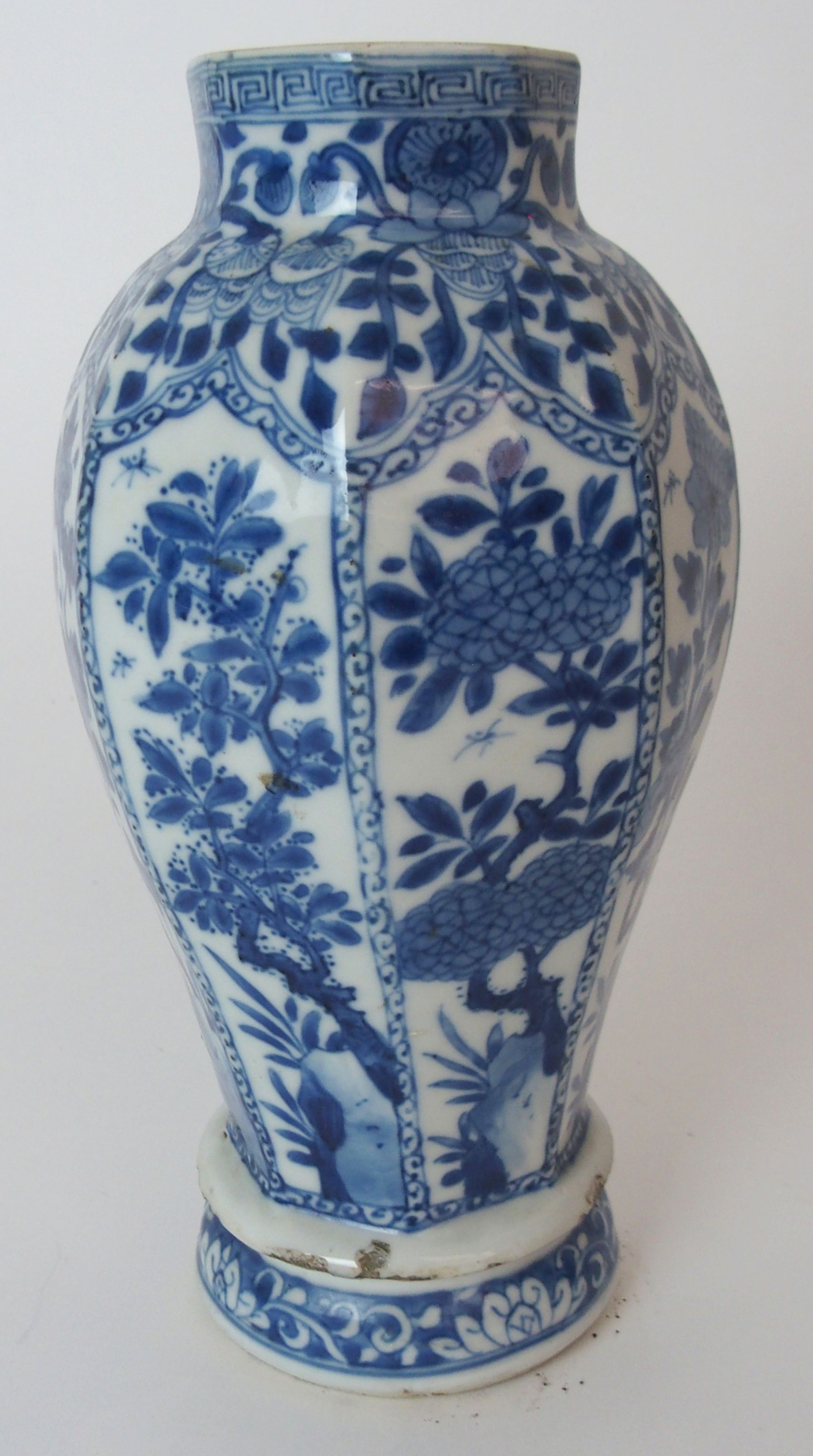 A PAIR OF CHINESE BLUE AND WHITE OCTAGONAL VASES each painted with panels of insects amongst foliage - Image 5 of 12