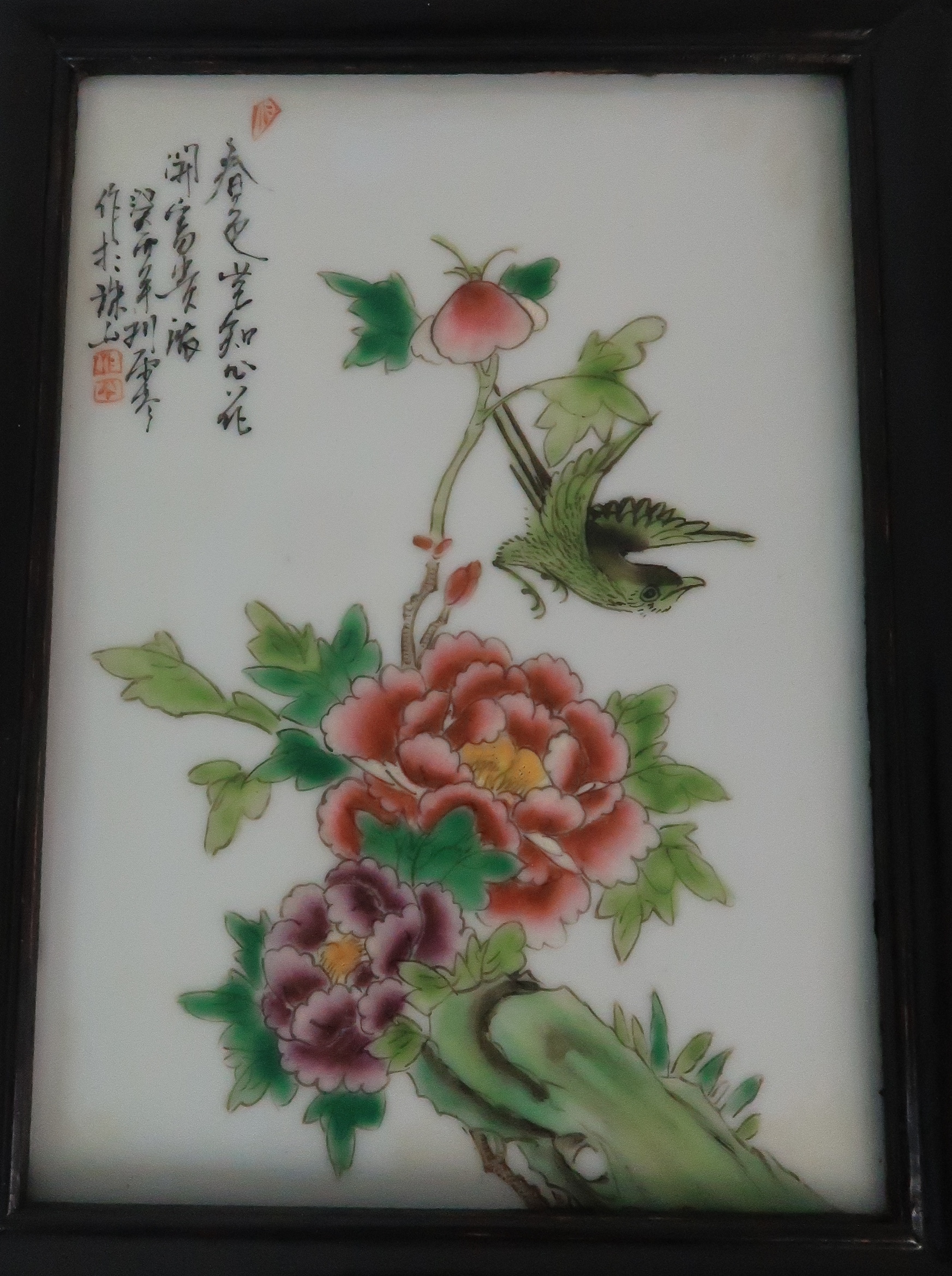 A CHINESE TILE PAINTING the four tiles painted with birds amongst flowers and script, signed, each - Image 4 of 7