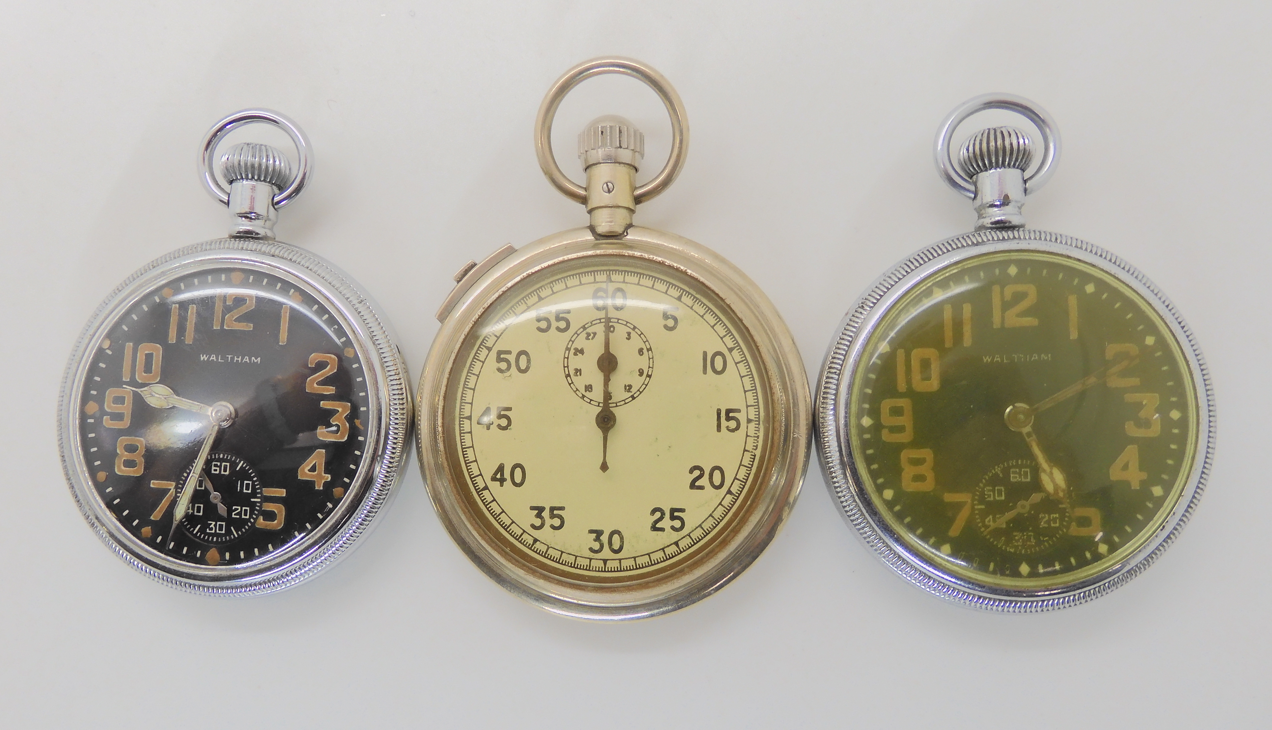 TWO MILITARY WALTHAM POCKET WATCHES AND A STOP WATCH the first with black dial subsidiary seconds - Bild 2 aus 13