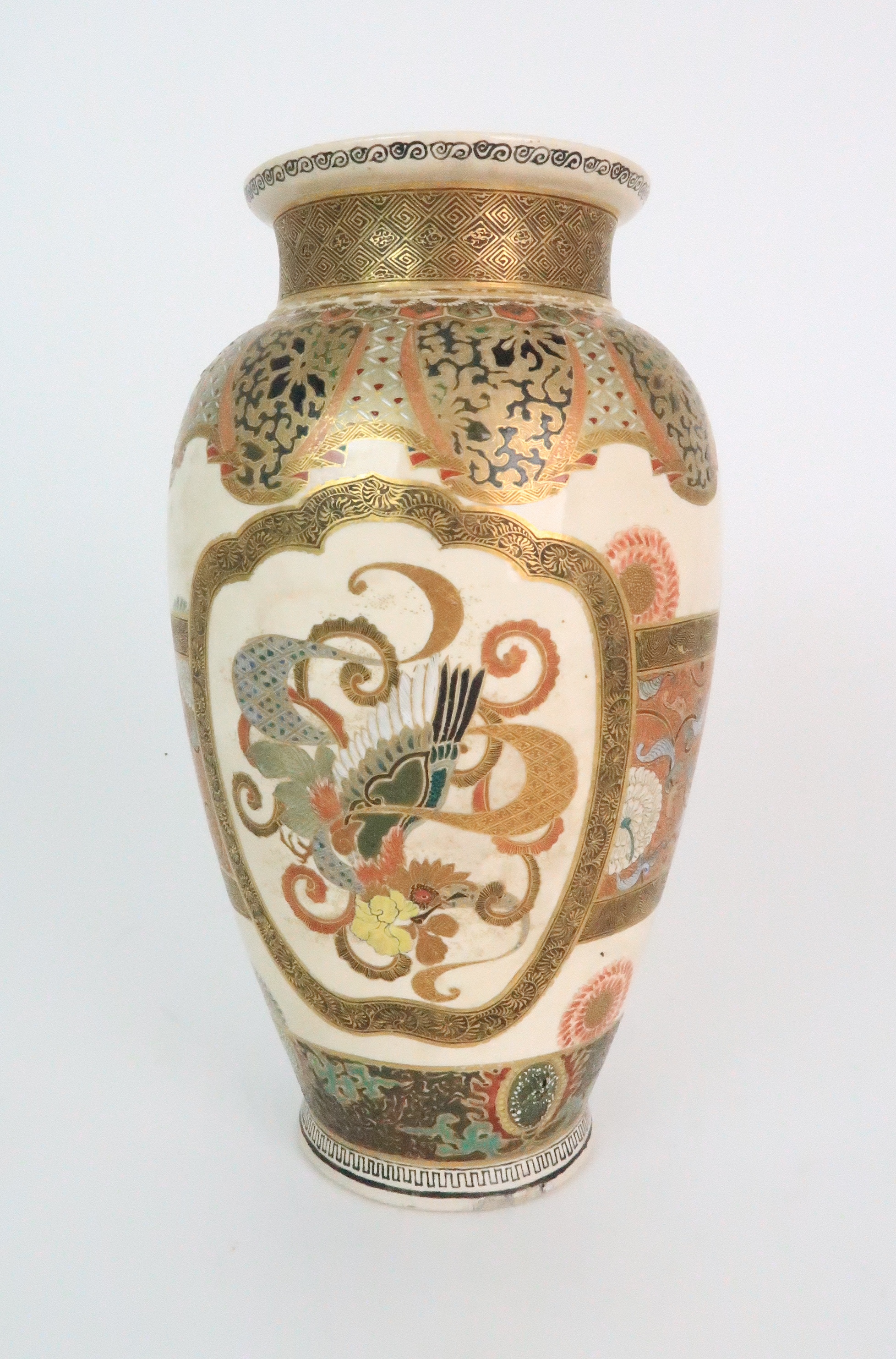A SATSUMA BALUSTER VASE painted with panels of figures and Ho-o bird divided by a band of - Image 3 of 12
