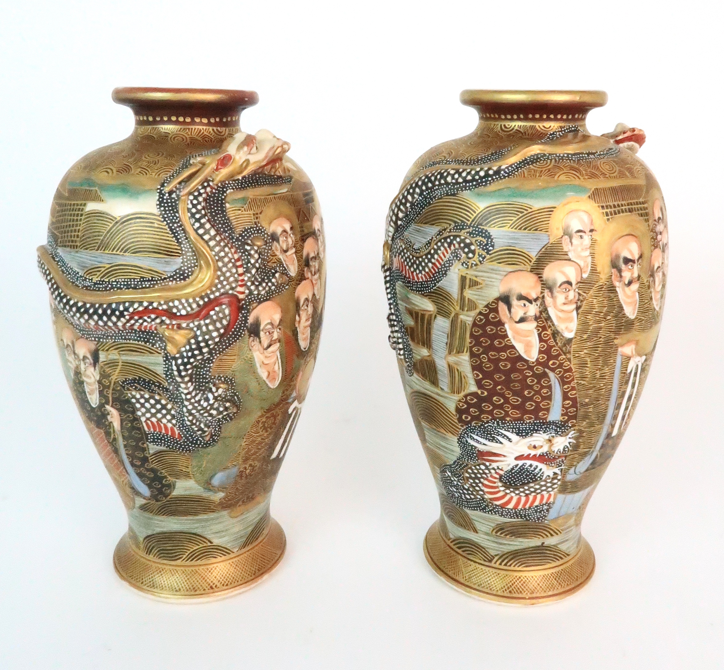 A PAIR OF SATSUMA BALUSTER VASES each applied with sinuous dragons coiled around the bodies and - Image 4 of 10