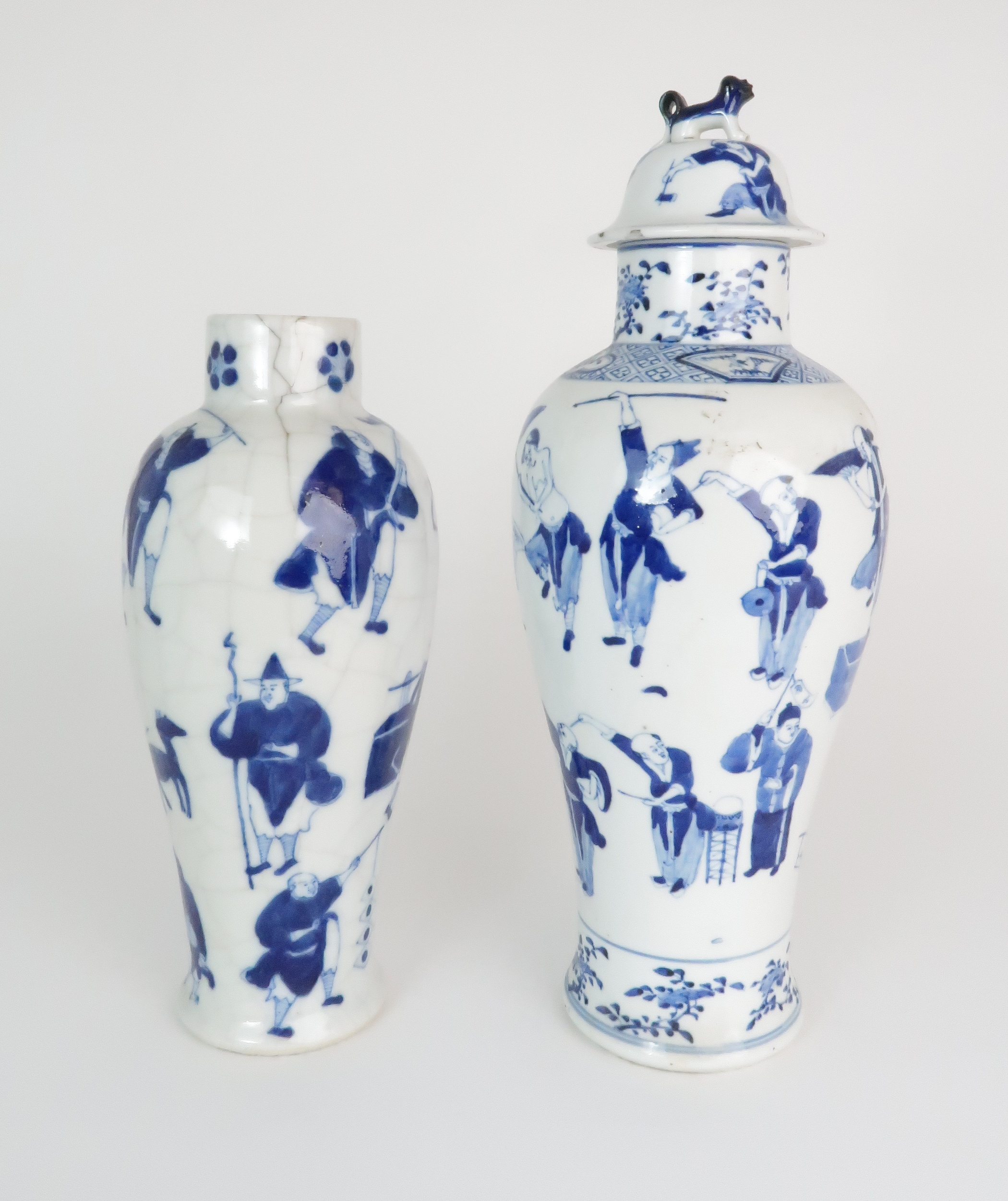 A CHINESE BLUE AND WHITE BALUSTER VASE AND COVER painted with numerous figures within foliate - Image 5 of 19