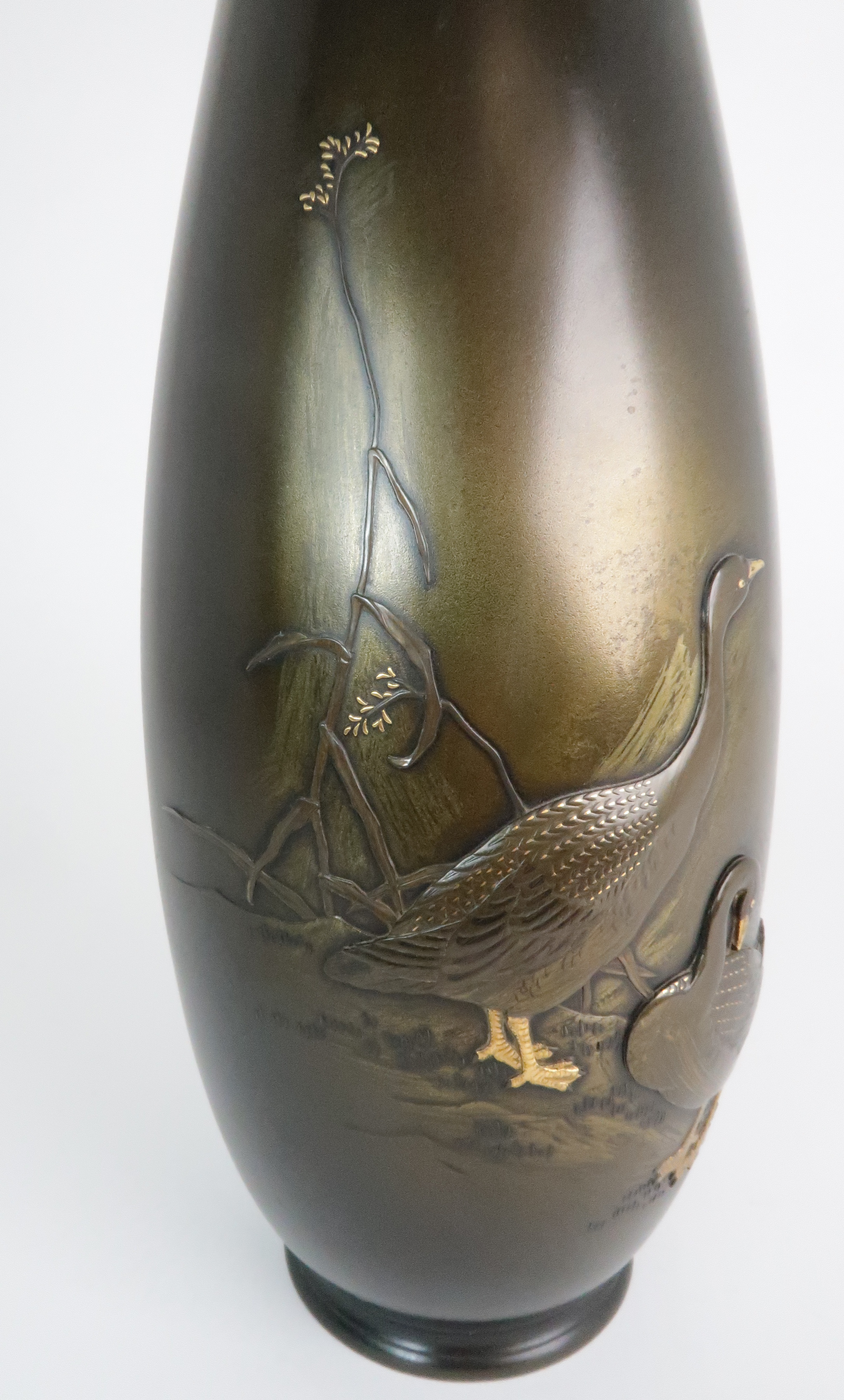 A JAPANESE BRONZE BALUSTER VASE cast with two geese beside foliage, signed, 39cm high Condition - Image 8 of 9