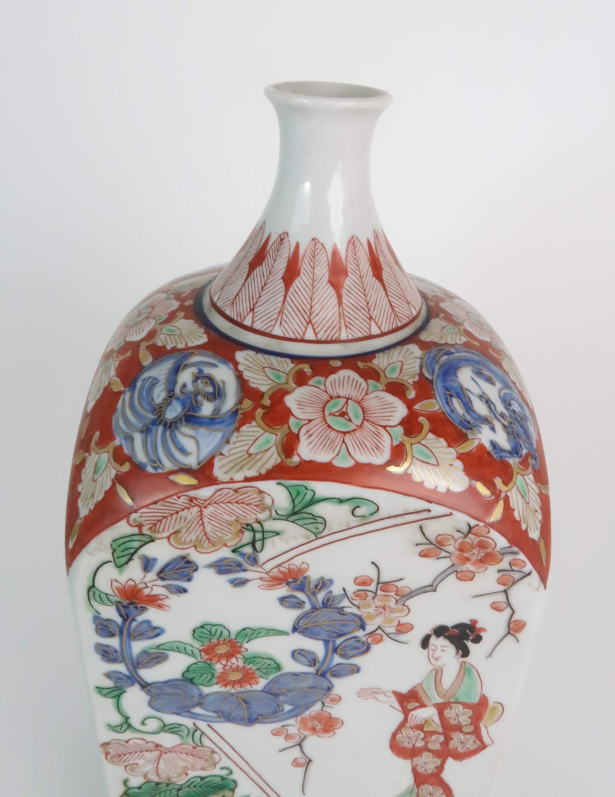 AN IMARI SQUARE BOTTLE VASE painted with panels of figures, bats and foliage, 29cm high, Chinese tea - Image 12 of 13