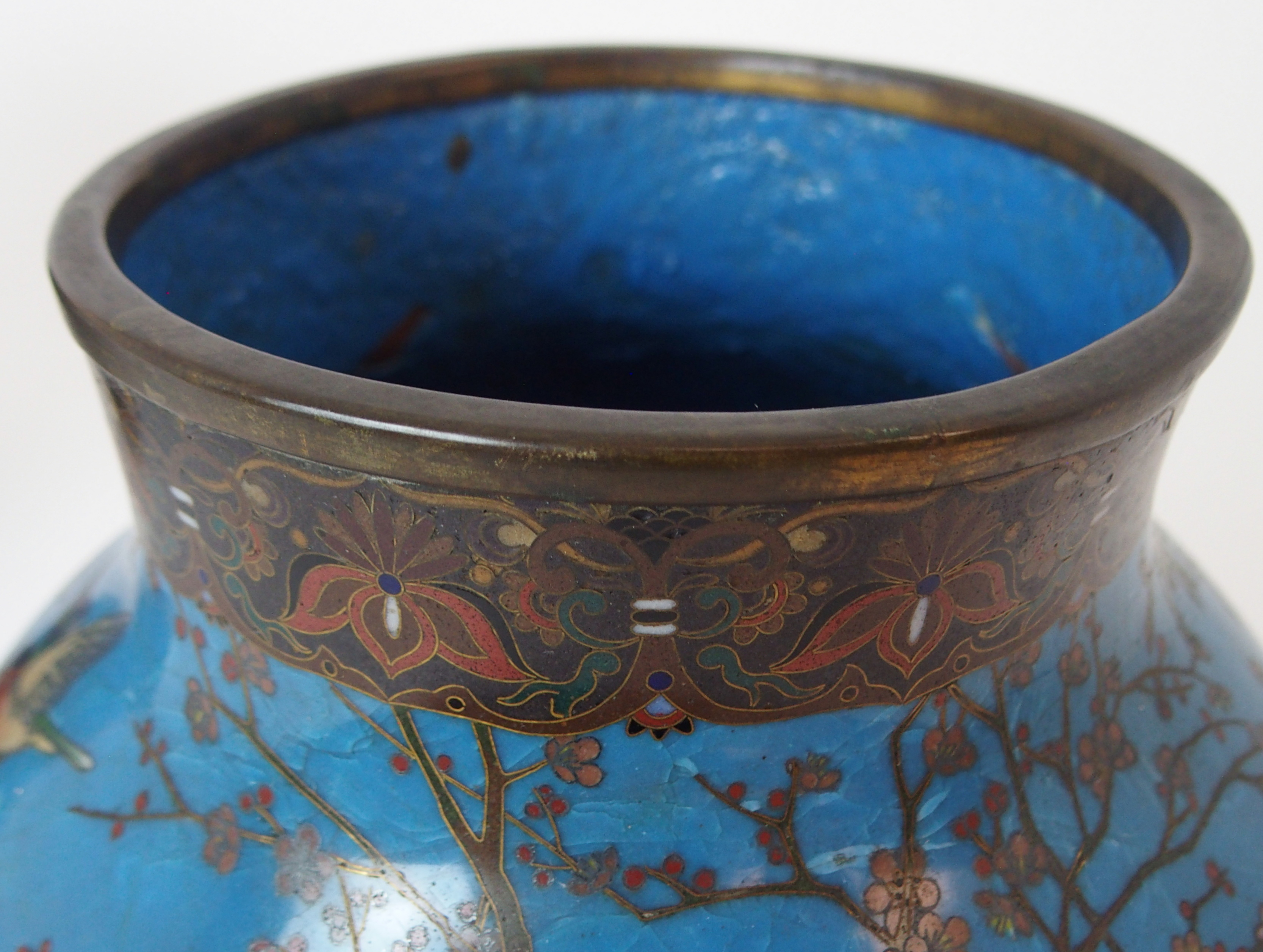 A PAIR OF CLOISONNE GLOBULAR VASES decorated with birds in flowering branches on a blue ground and - Image 3 of 11