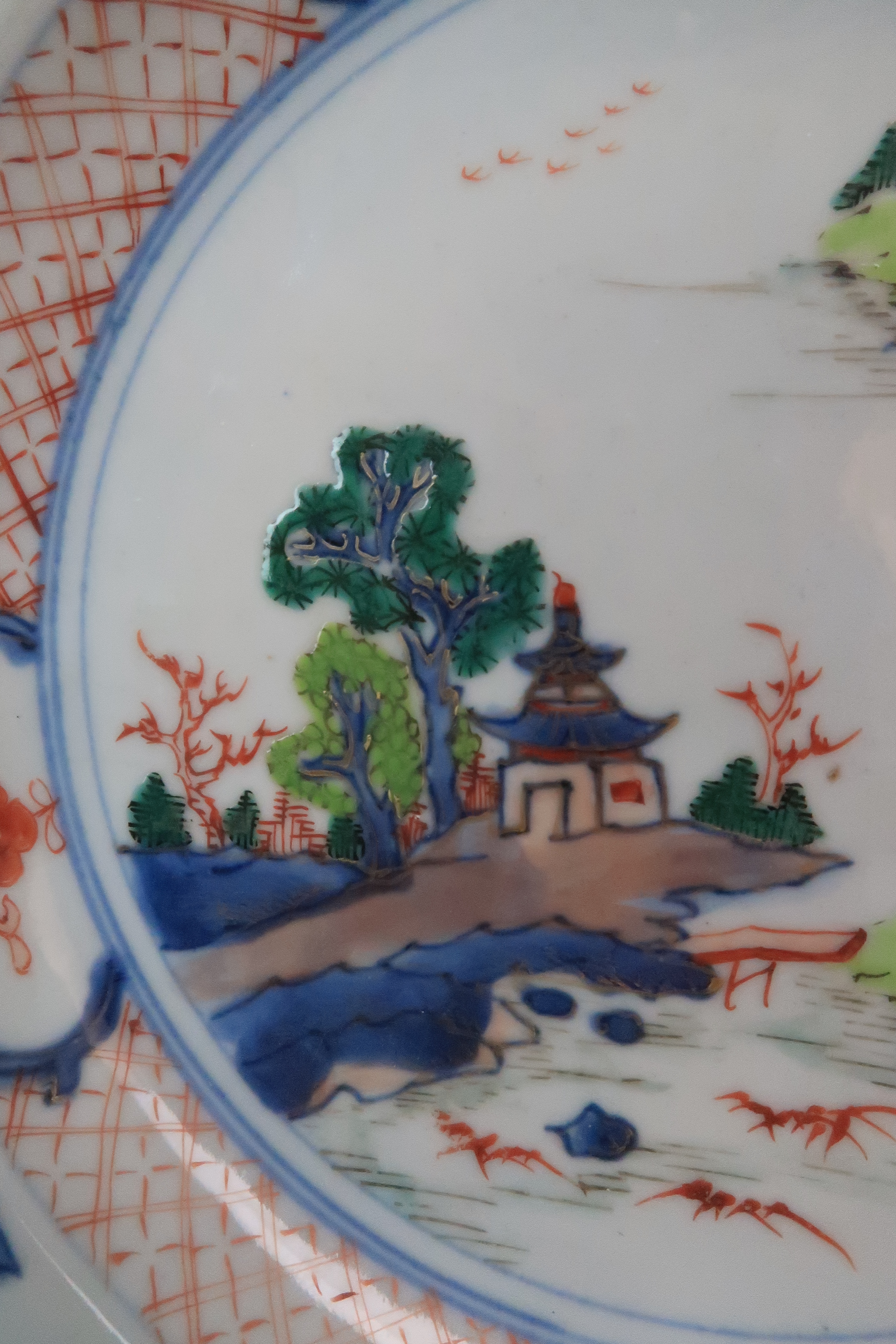 *WITHDRAWN* A PAIR CHINESE IMARI EXPORT PLATES painted with pagodas on islands, within diaper - Image 3 of 12