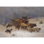 FREDERICK E VALTER (BRITISH 1860-1929) SEVERE WEATHER - BRINGING THE HERDS IN FROM THE HILLS