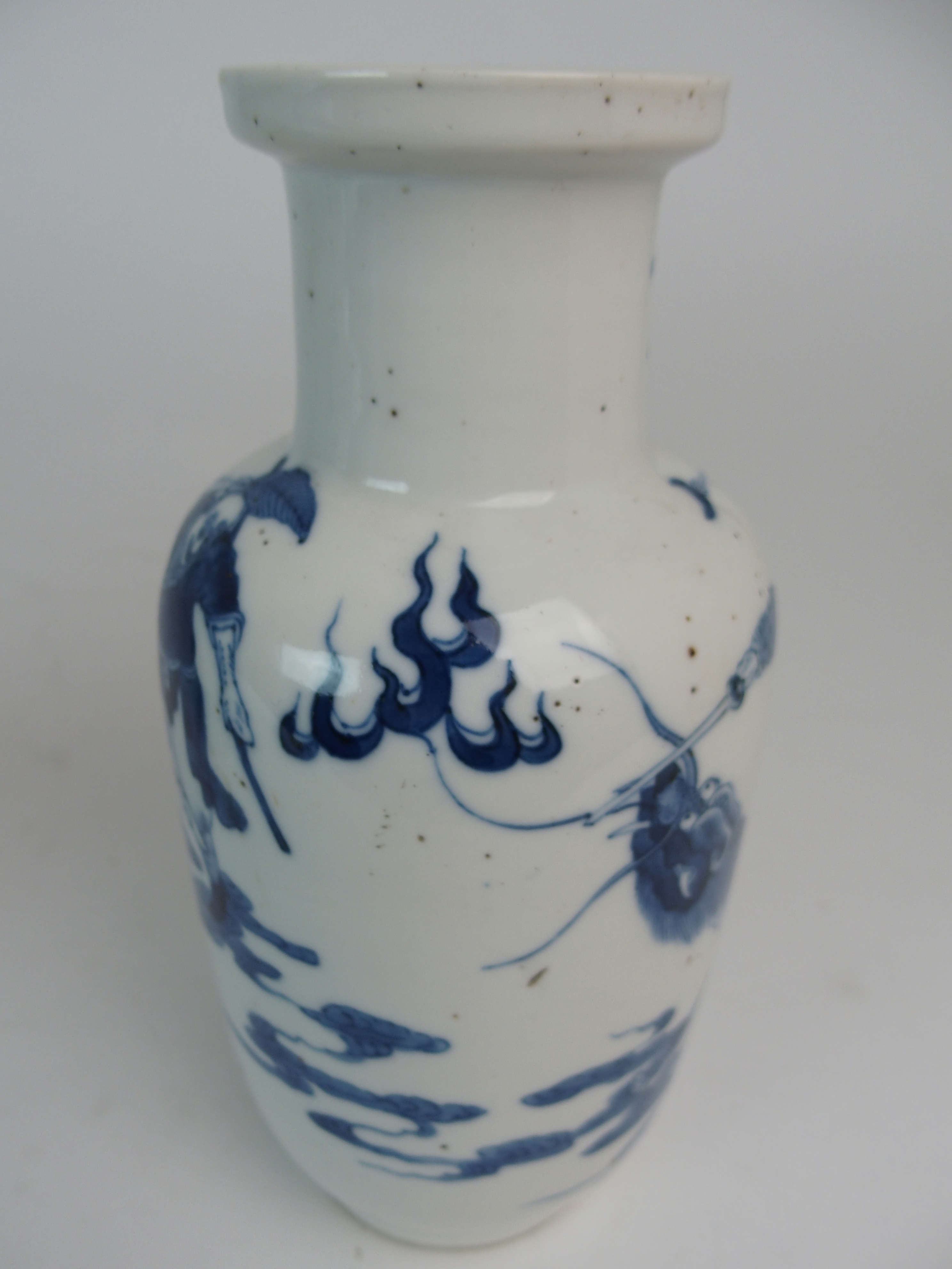 A PAIR CHINESE BLUE AND WHITE BALUSTER VASES painted with warriors astride mythical beasts, - Image 8 of 9