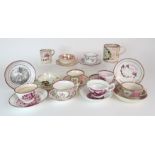 A COLLECTION OF ENGLISH LUSTREWARE PORCELAIN including two Charity saucers, a small mug, a