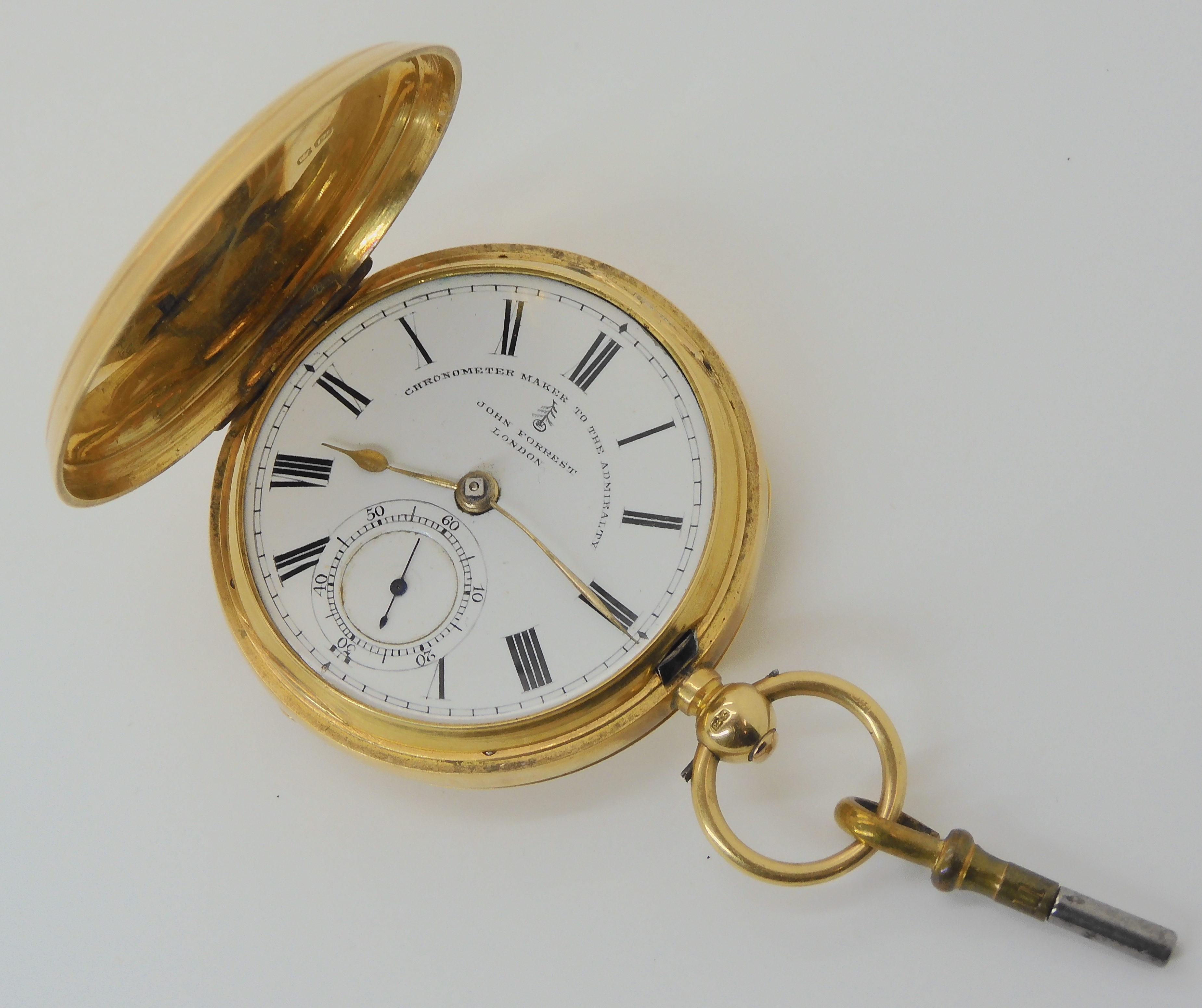 AN 18CT GOLD FULL HUNTER POCKET WATCH the dial and the movement both signed John Forrest, diameter