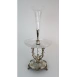 AN EPNS & GLASS CENTREPIECE EPERGNE marked EPNS No 2045 the hexagonal base with embossed foliate