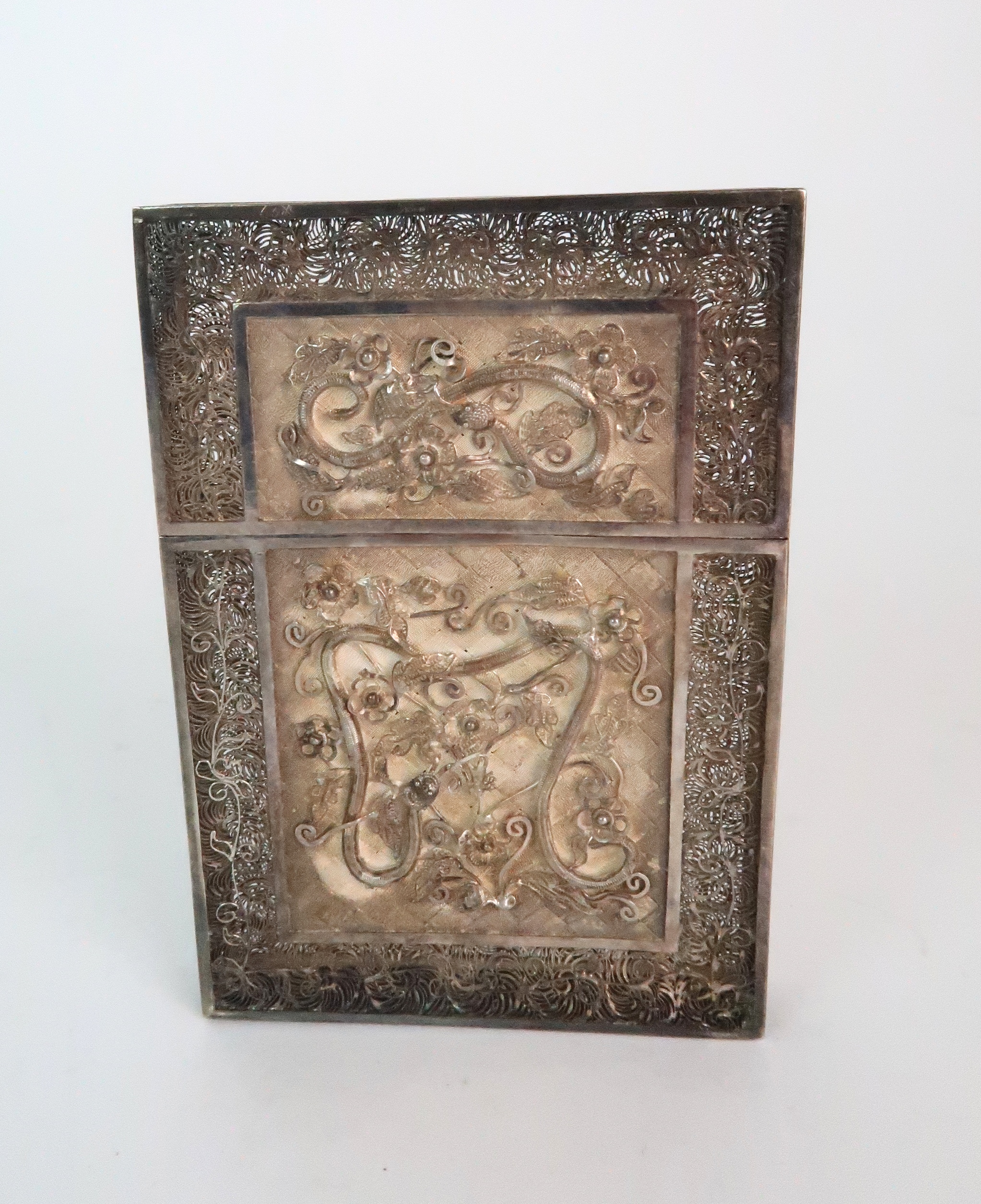 A CHINESE EXPORT SILVER CARD CASE finely decorated with snakes and dragons, foliage and insects, - Image 2 of 7