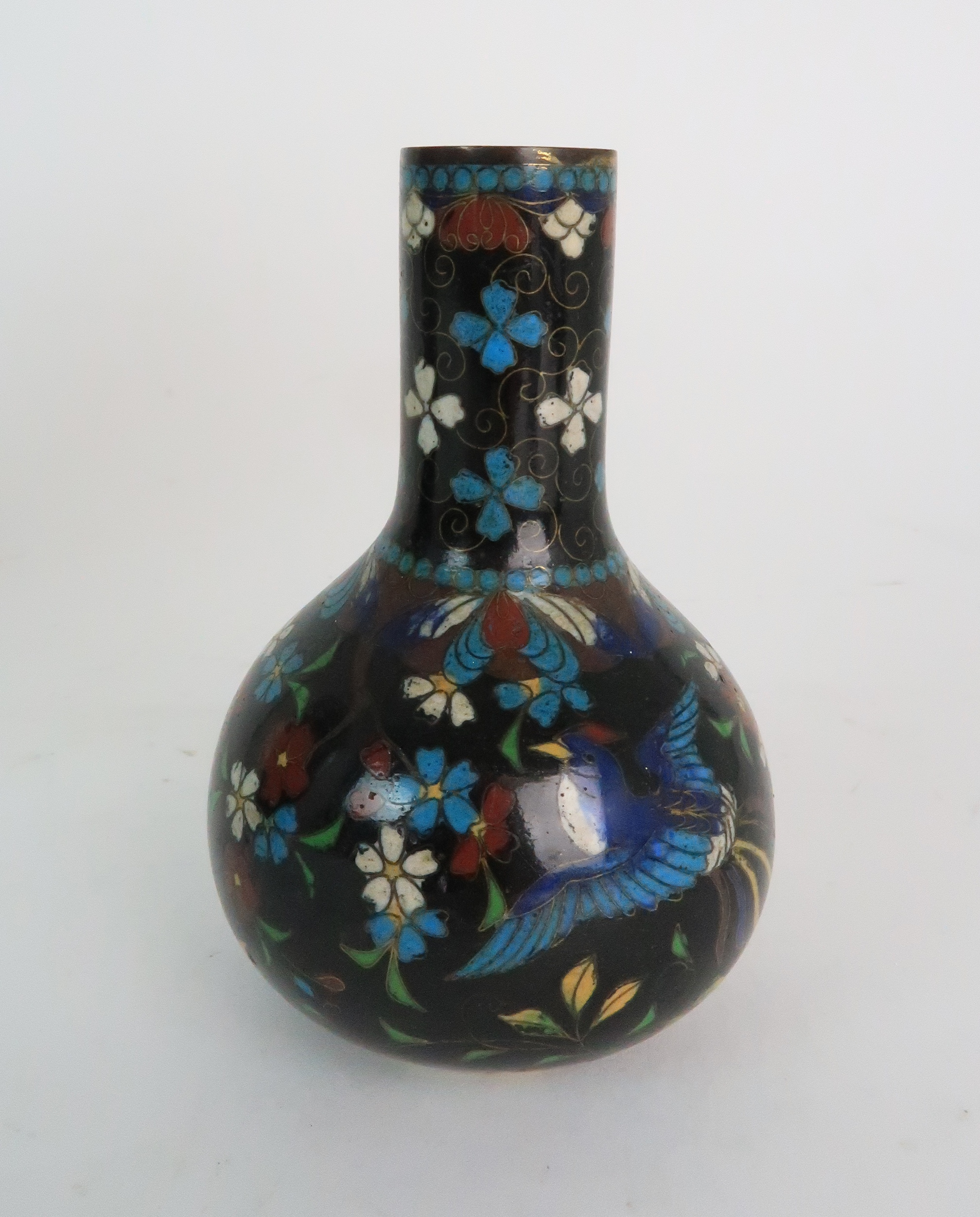 A JAPANESE CLOISONNE BALUSTER VASE finely decorated with panels of birds, butterflies, plants and - Image 7 of 15