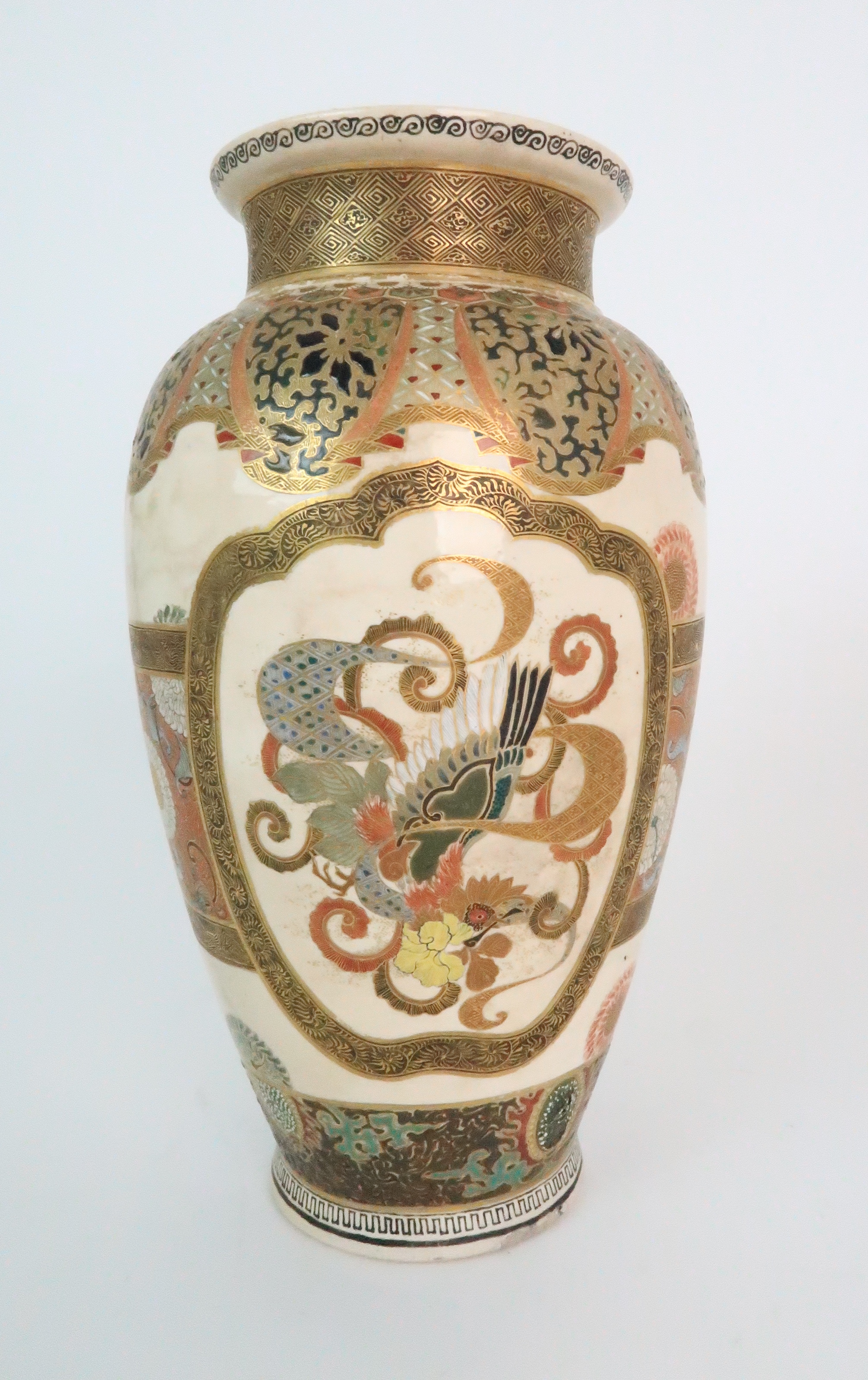 A SATSUMA BALUSTER VASE painted with panels of figures and Ho-o bird divided by a band of - Image 11 of 12