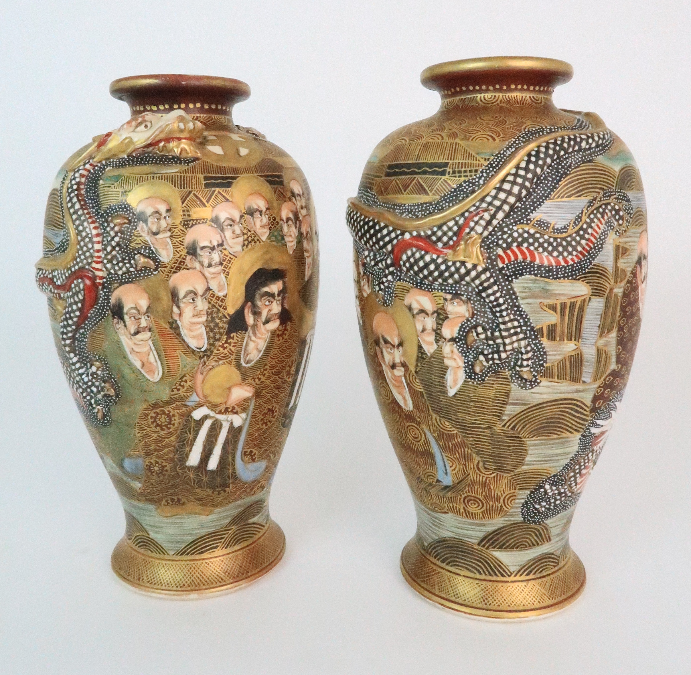 A PAIR OF SATSUMA BALUSTER VASES each applied with sinuous dragons coiled around the bodies and - Image 9 of 10