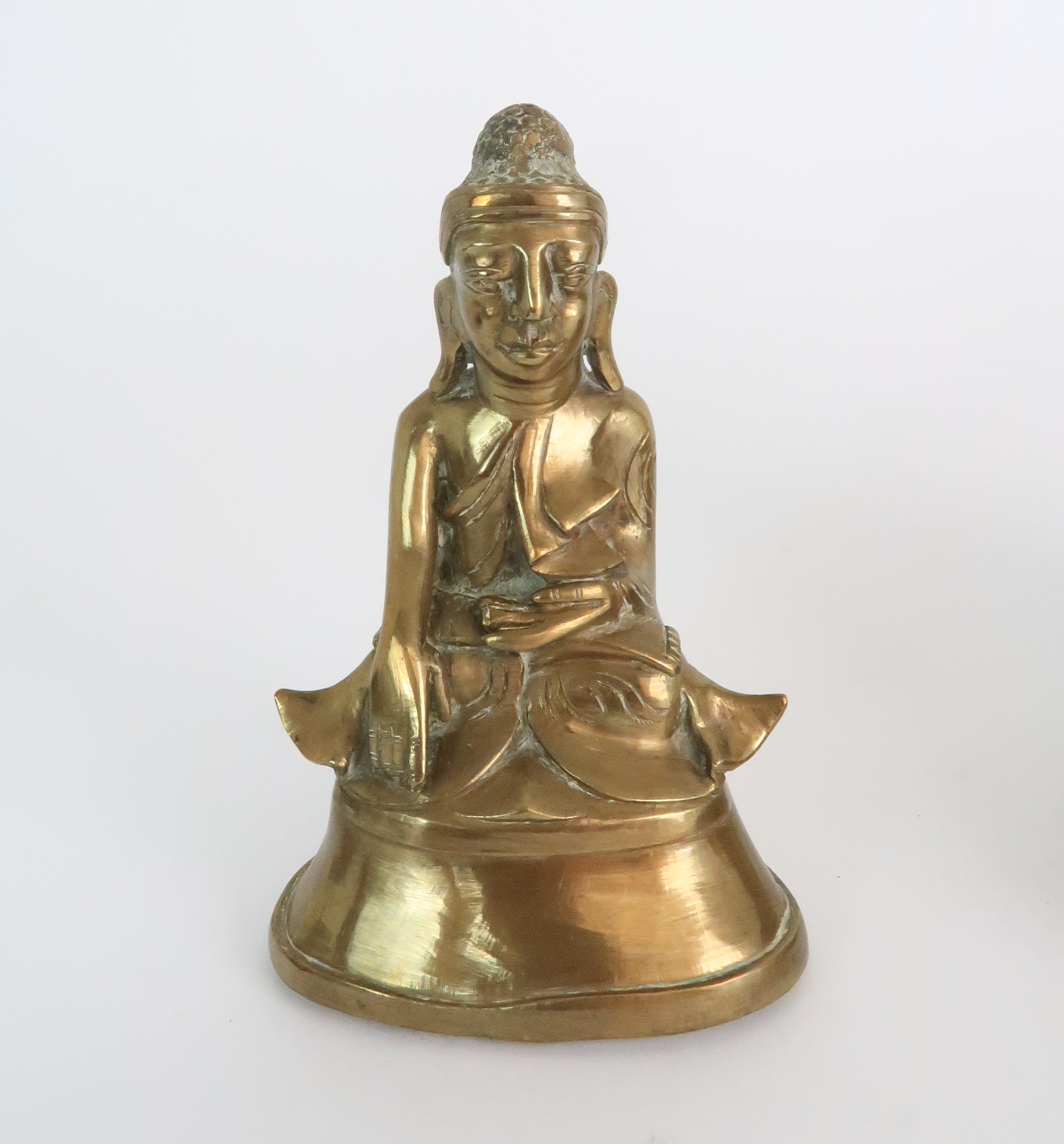 AN ASIAN BRASS MODEL OF BUDDHA seated in the lotus position and with carved wood base, 24.5cm - Image 7 of 10