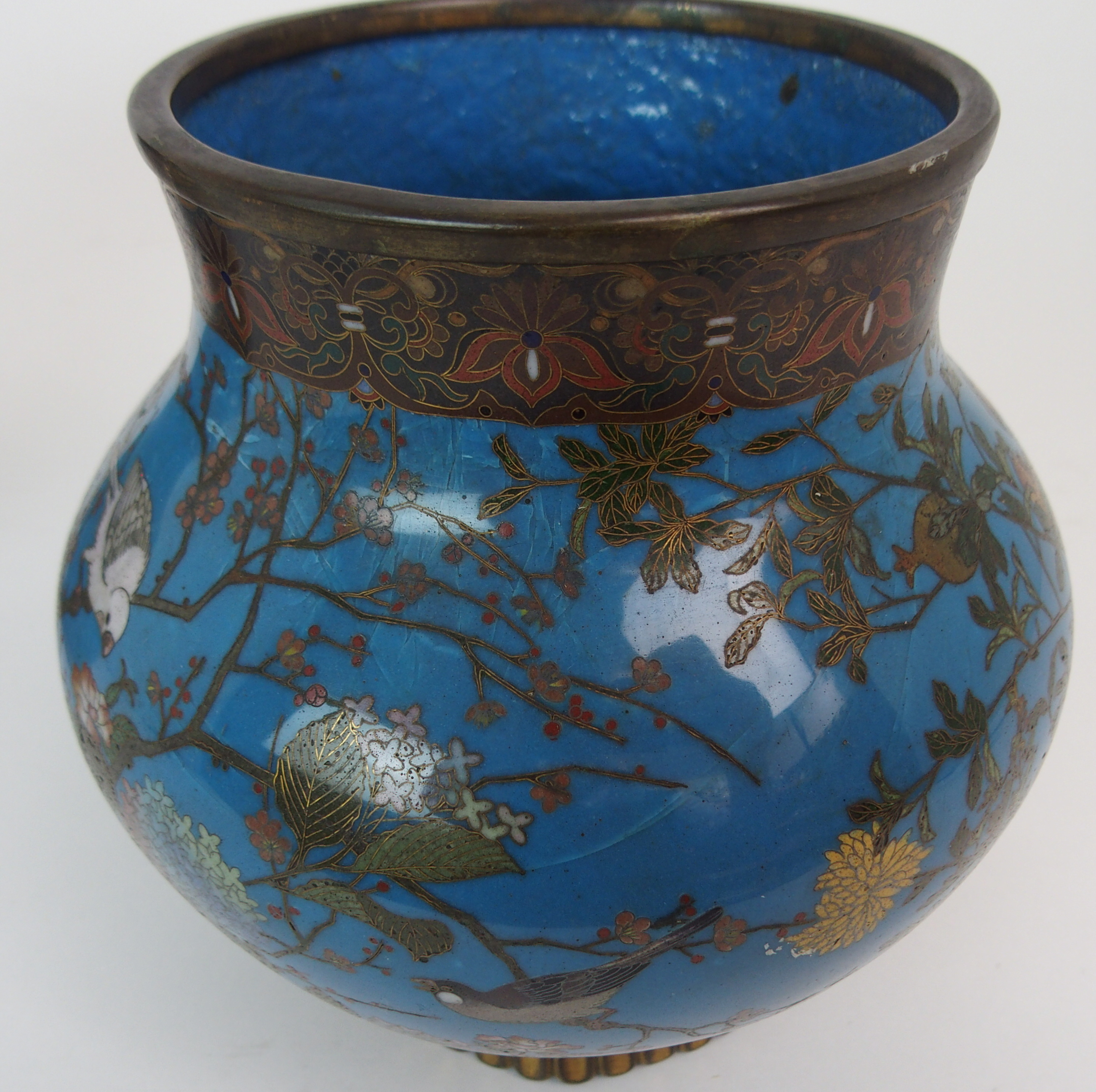 A PAIR OF CLOISONNE GLOBULAR VASES decorated with birds in flowering branches on a blue ground and - Image 2 of 11