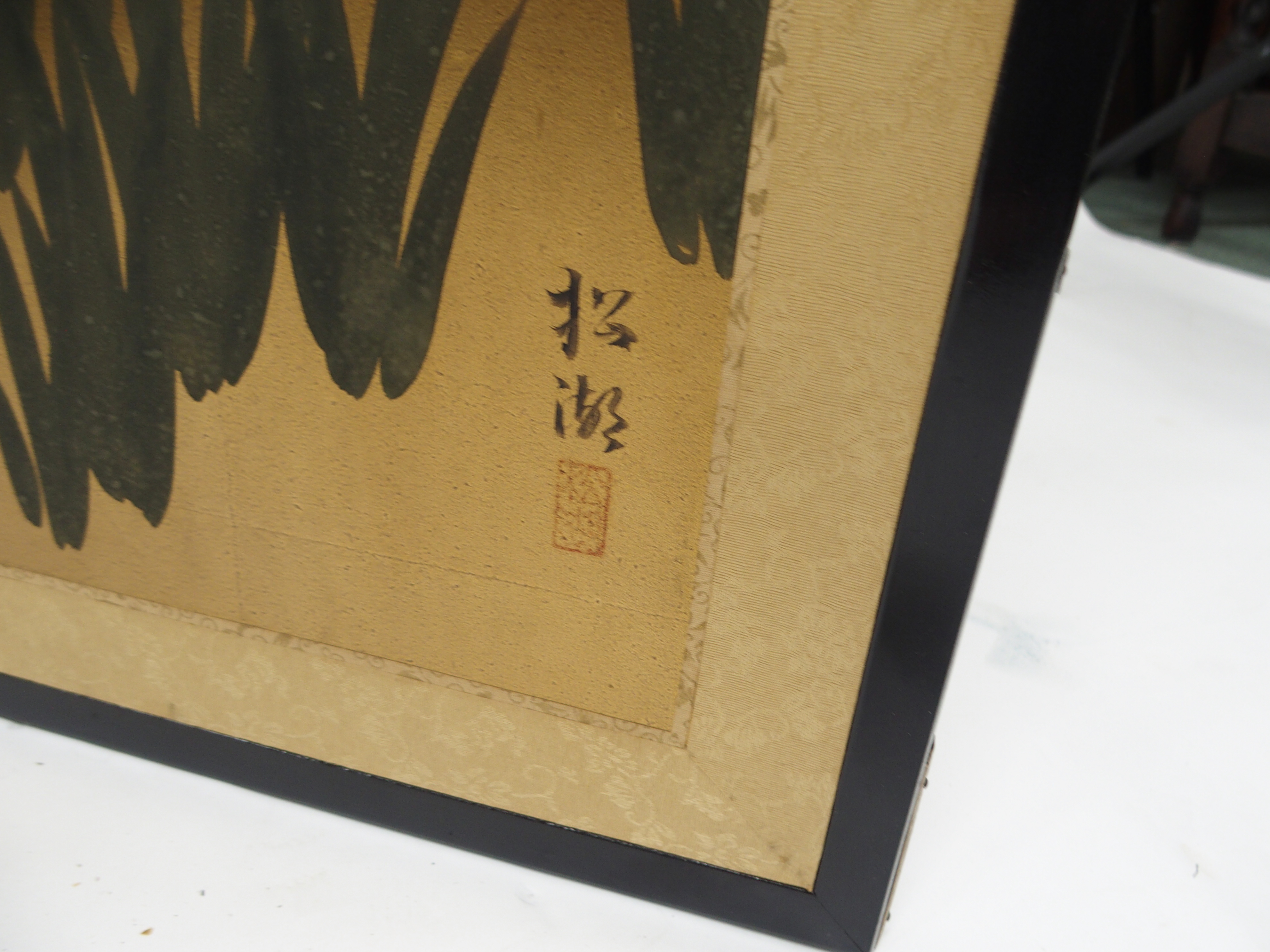 TWO JAPANESE FOUR FOLD SCREENS each with a mandarin and consorts on pavilions, reserves on a gold - Image 5 of 12