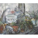 THORA CLYNE SSWA (SCOTTISH 1937-2020) MI-MI AMONG PLANTS Oil on canvas, signed and dated (19)88,