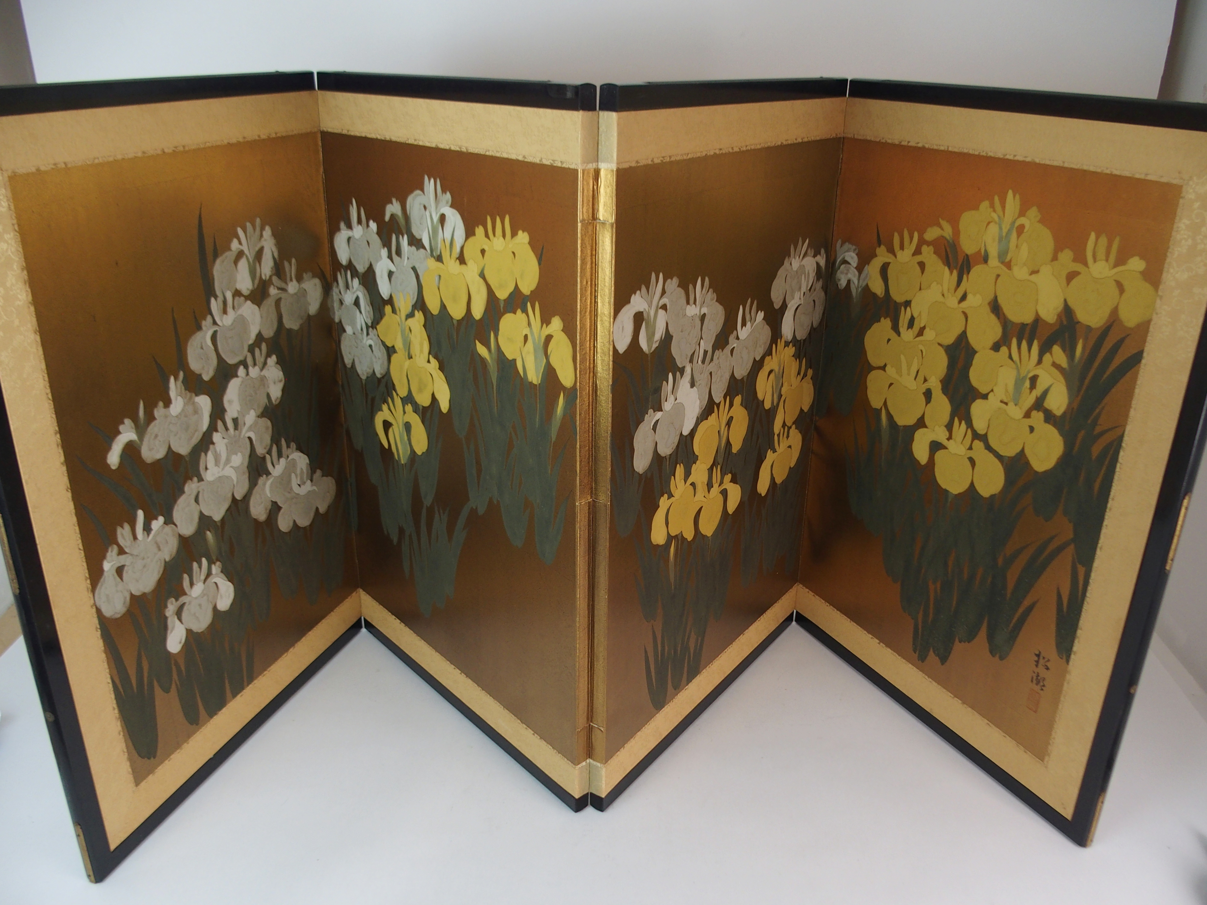 TWO JAPANESE FOUR FOLD SCREENS each with a mandarin and consorts on pavilions, reserves on a gold - Image 4 of 12