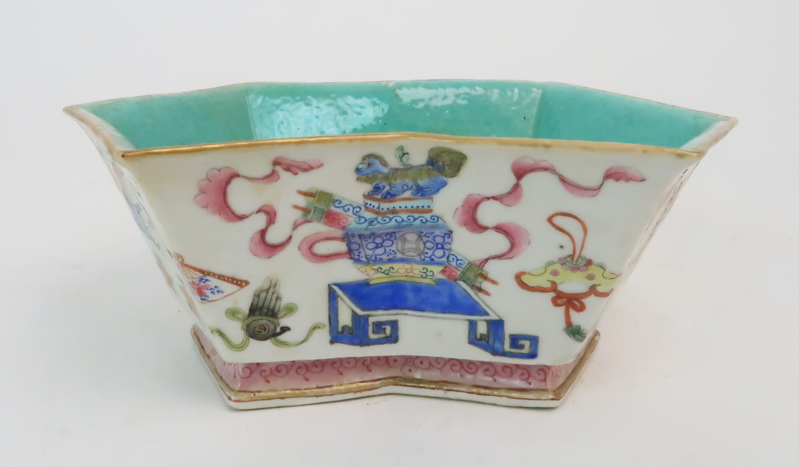 *WITHDRAWN* A CANTON HEXAGONAL SHAPED BOWL painted with precious objects, above a pink floral band