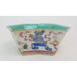 *WITHDRAWN* A CANTON HEXAGONAL SHAPED BOWL painted with precious objects, above a pink floral band