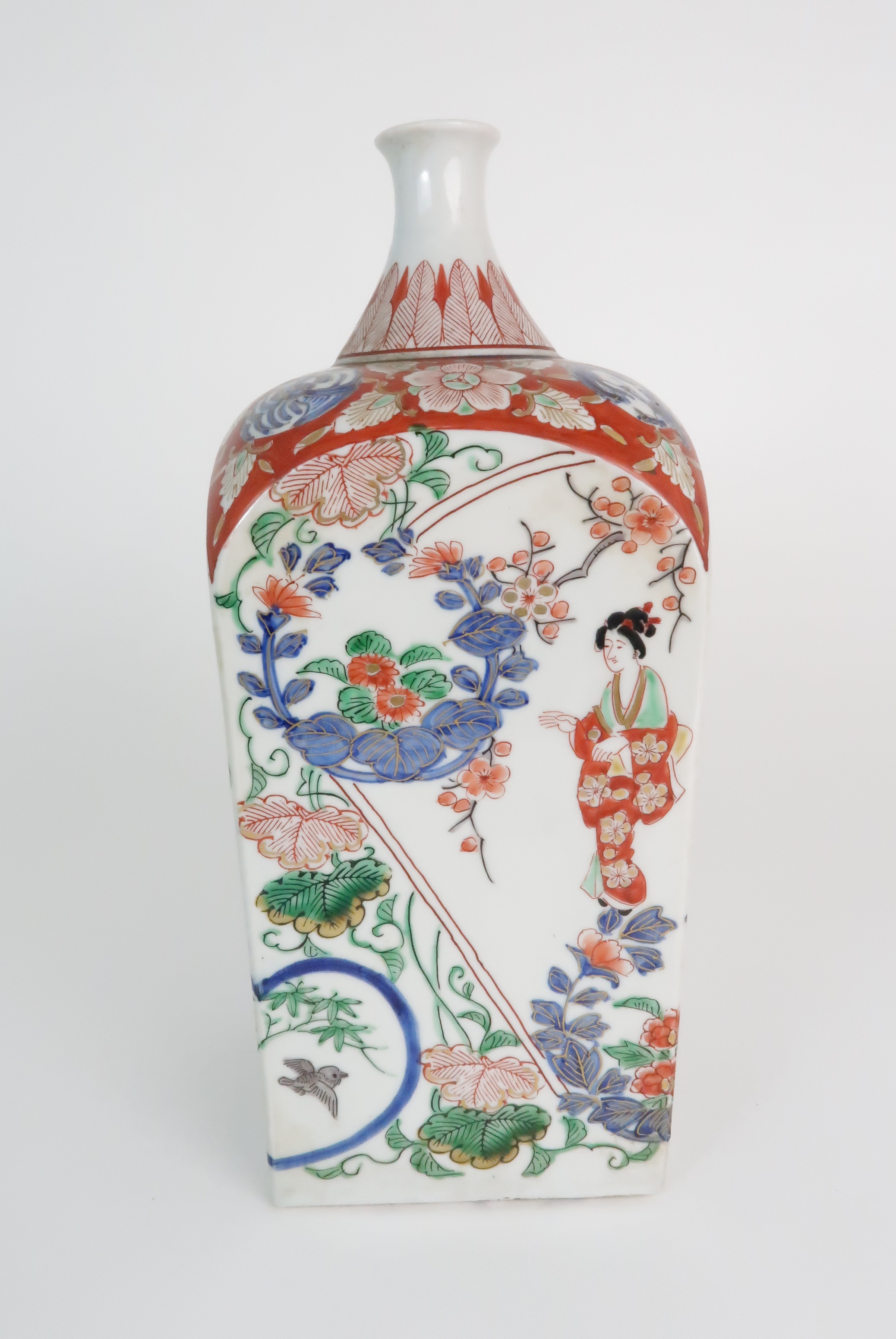 AN IMARI SQUARE BOTTLE VASE painted with panels of figures, bats and foliage, 29cm high, Chinese tea - Image 11 of 13