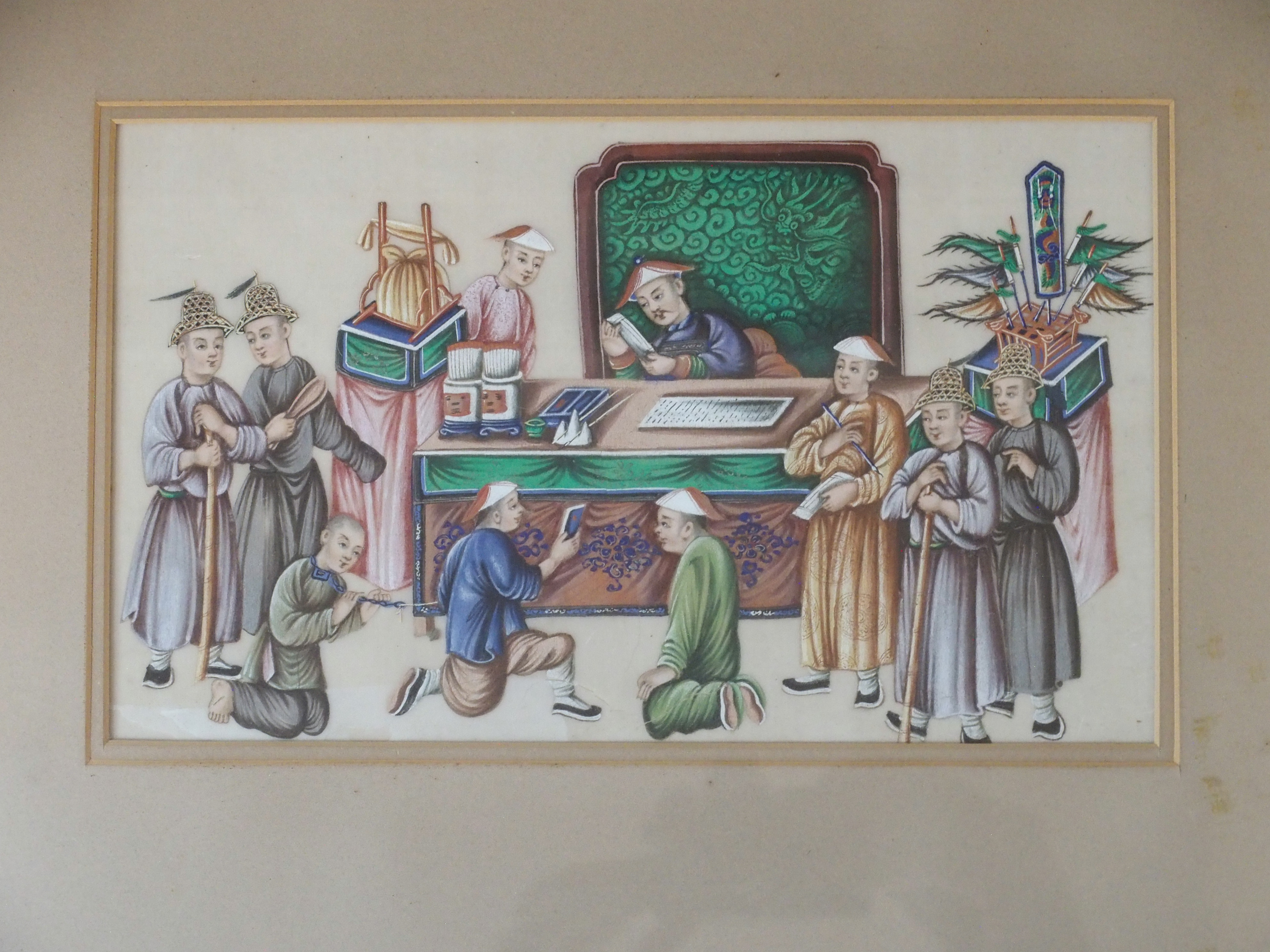 A CHINESE PAINTING ON RICE PAPER painted with a governor and merchants and slaves, gouache, 18 x - Image 3 of 5