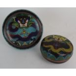 A CLOISONNE BOWL AND COVER decorated with a dragon and flaming pearl, 14cm diameter and a bowl