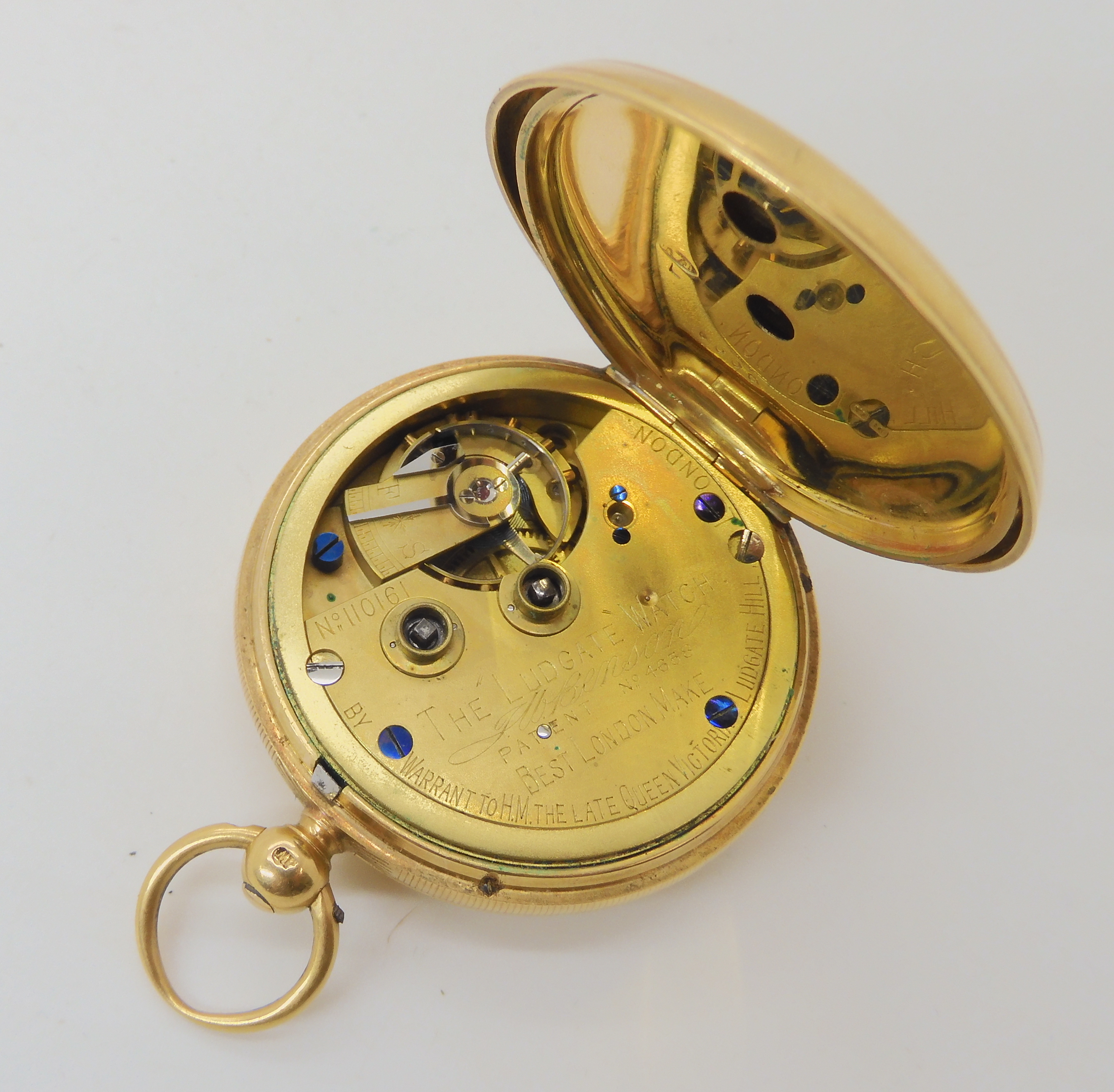 AN 18CT GOLD J.W.BENSON OPEN FACE POCKET WATCH classic white enamelled dial with black Roman - Bild 5 aus 5