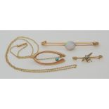THREE VINTAGE BROOCHES AND A CHAIN a yellow metal mounted good white opal brooch, length 6.9cm.