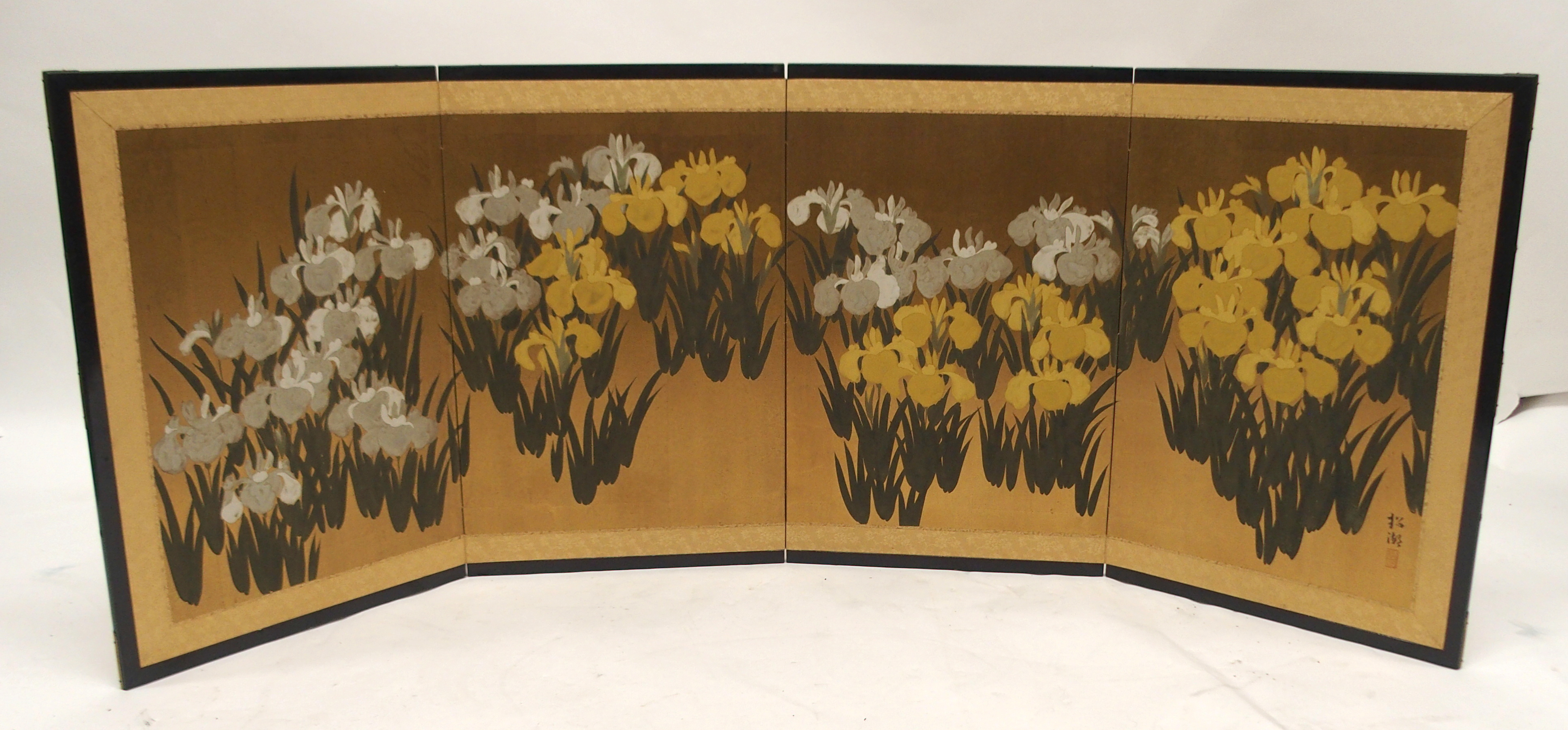 TWO JAPANESE FOUR FOLD SCREENS each with a mandarin and consorts on pavilions, reserves on a gold