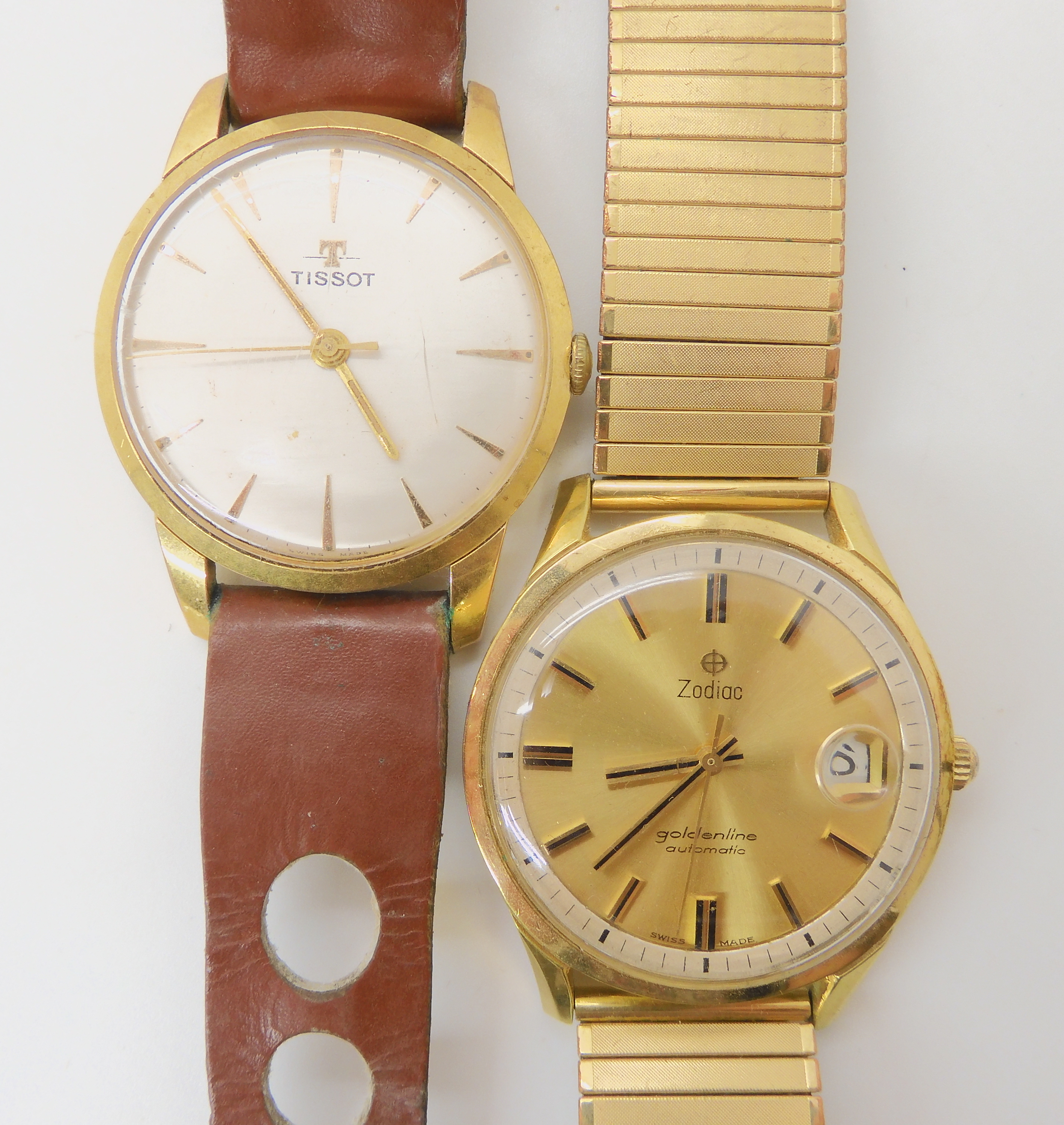 A GOLD PLATED ZODIAC WATCH AND A TISSOT AUTOMATIC the Zodiac goldenline automatic with brushed