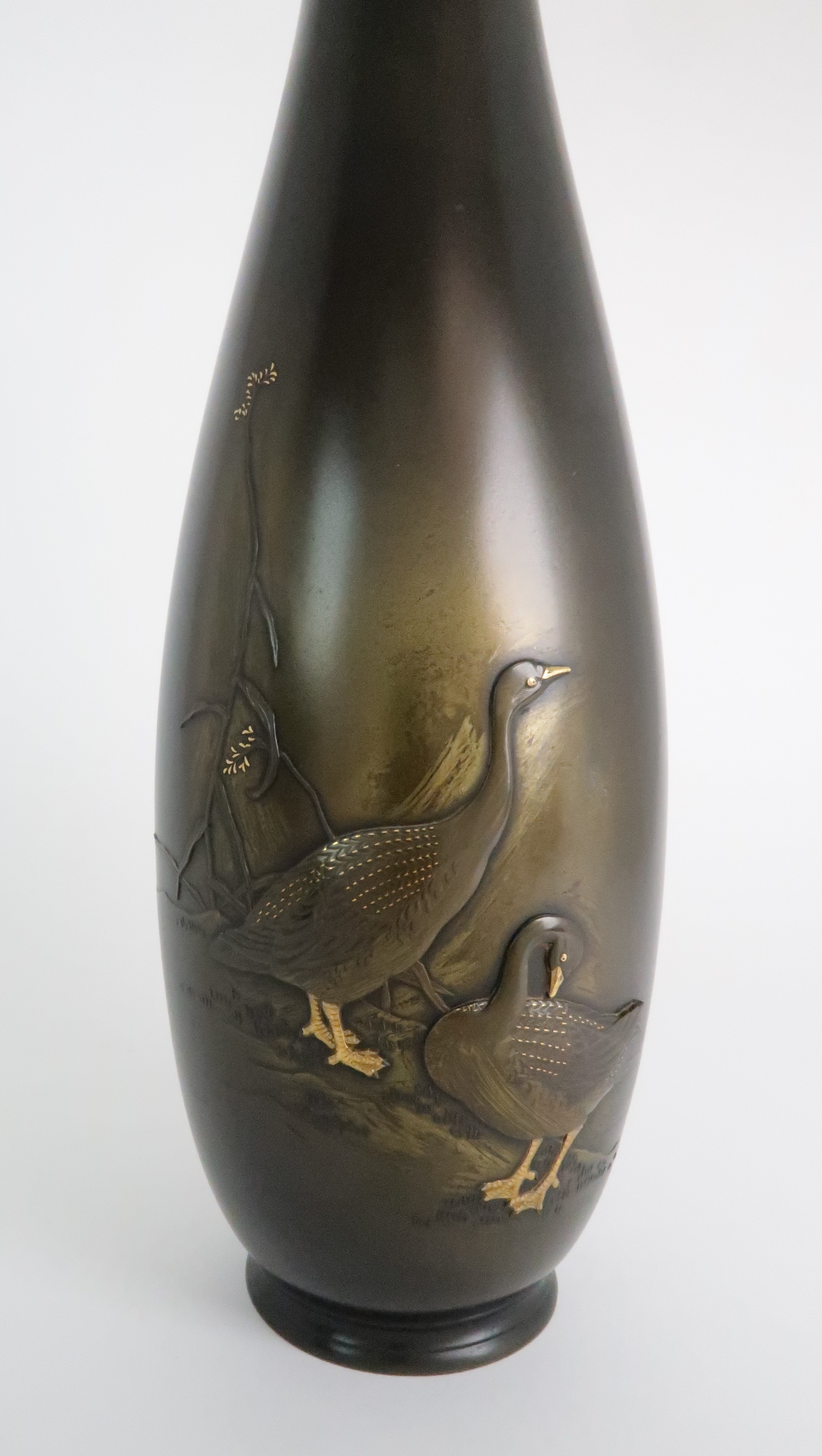 A JAPANESE BRONZE BALUSTER VASE cast with two geese beside foliage, signed, 39cm high Condition - Image 6 of 9