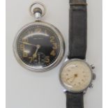 TWO MILITARY WATCHES a base metal Waltham pocket watch with a black dial subsidiary seconds dial and