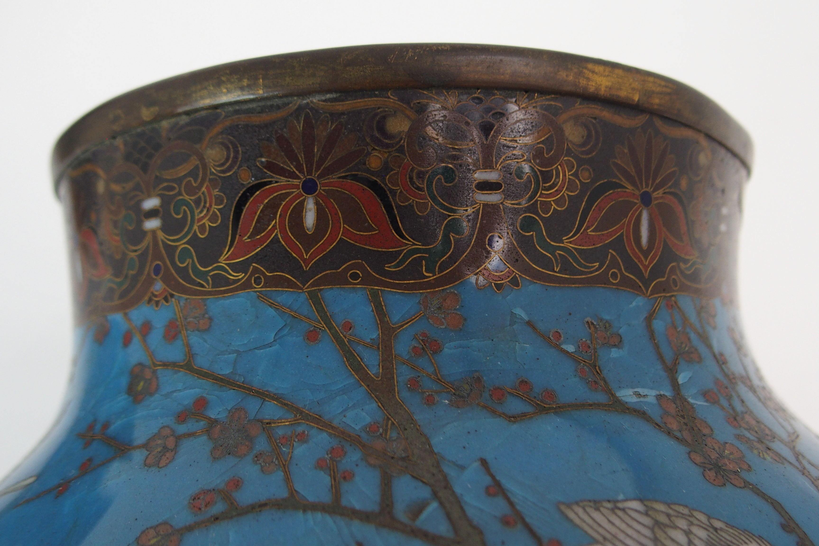 A PAIR OF CLOISONNE GLOBULAR VASES decorated with birds in flowering branches on a blue ground and - Image 7 of 11