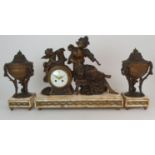 A FRENCH GILDED SPELTER AND ONYX MANTLE CLOCK GARNITURE the top mounted with maiden playing a