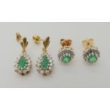 TWO PAIRS OF EMERALD AND DIAMOND EARRINGS pear shaped emerald and diamond drop earrings, set with