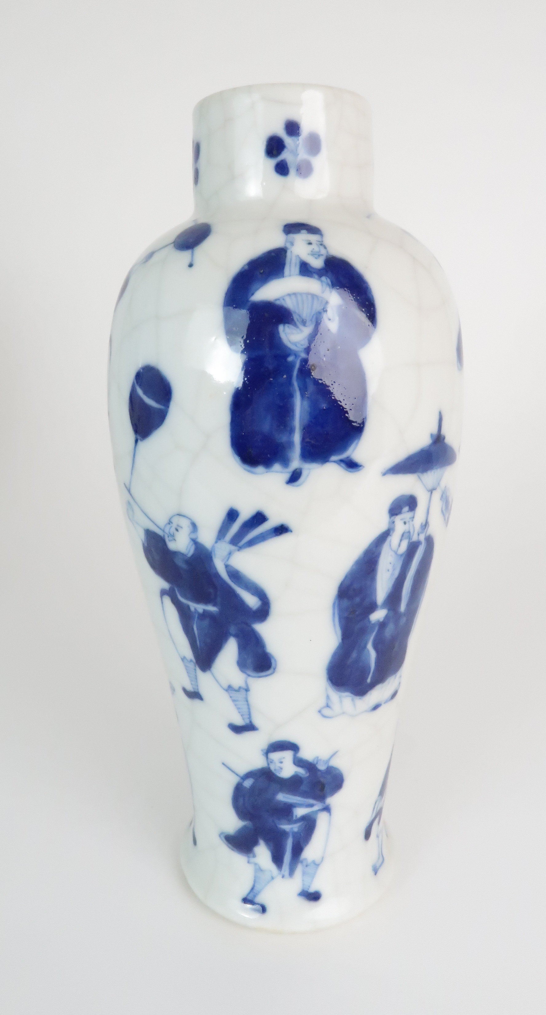 A CHINESE BLUE AND WHITE BALUSTER VASE AND COVER painted with numerous figures within foliate - Image 15 of 19
