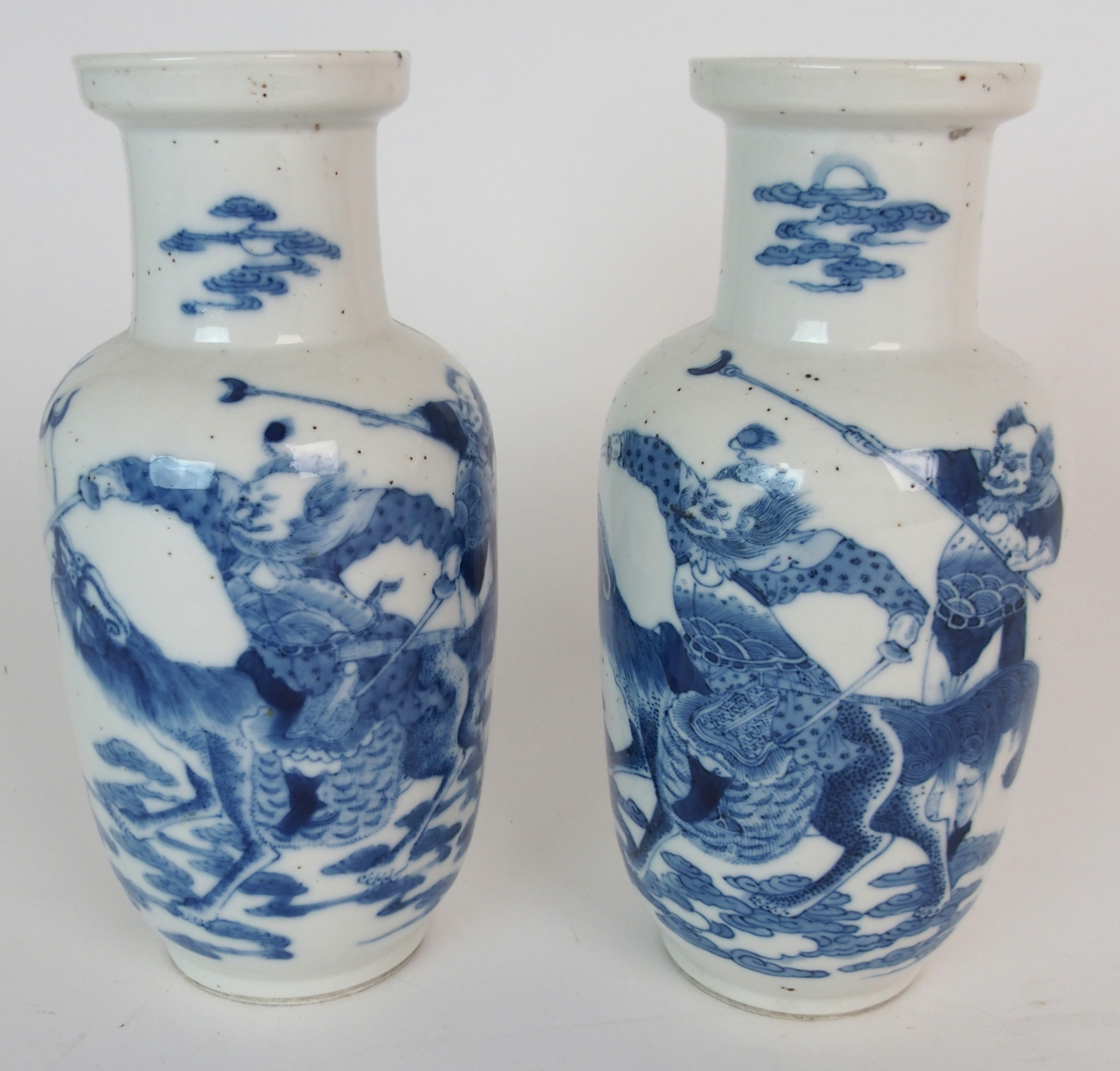 A PAIR CHINESE BLUE AND WHITE BALUSTER VASES painted with warriors astride mythical beasts, - Image 2 of 9