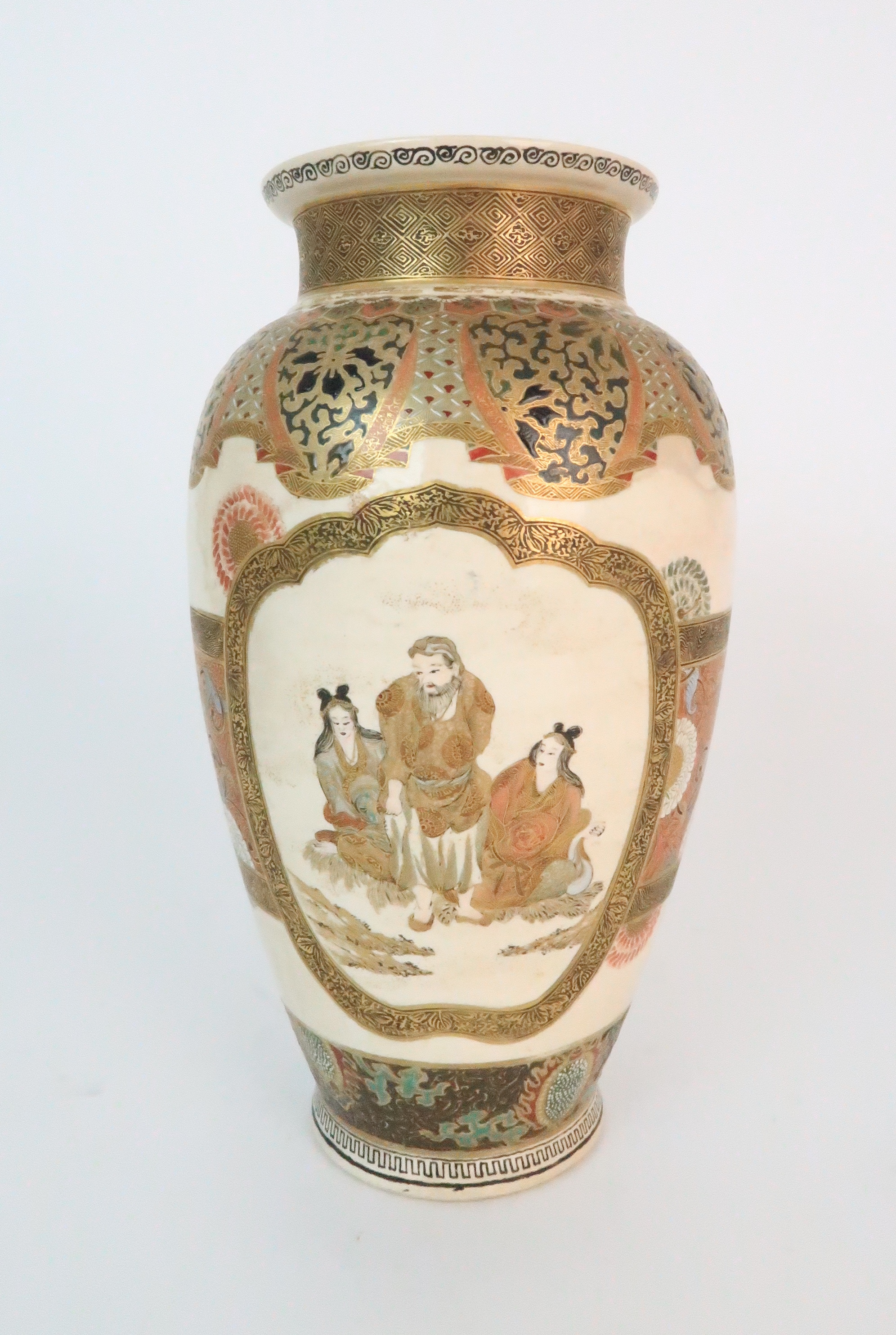 A SATSUMA BALUSTER VASE painted with panels of figures and Ho-o bird divided by a band of