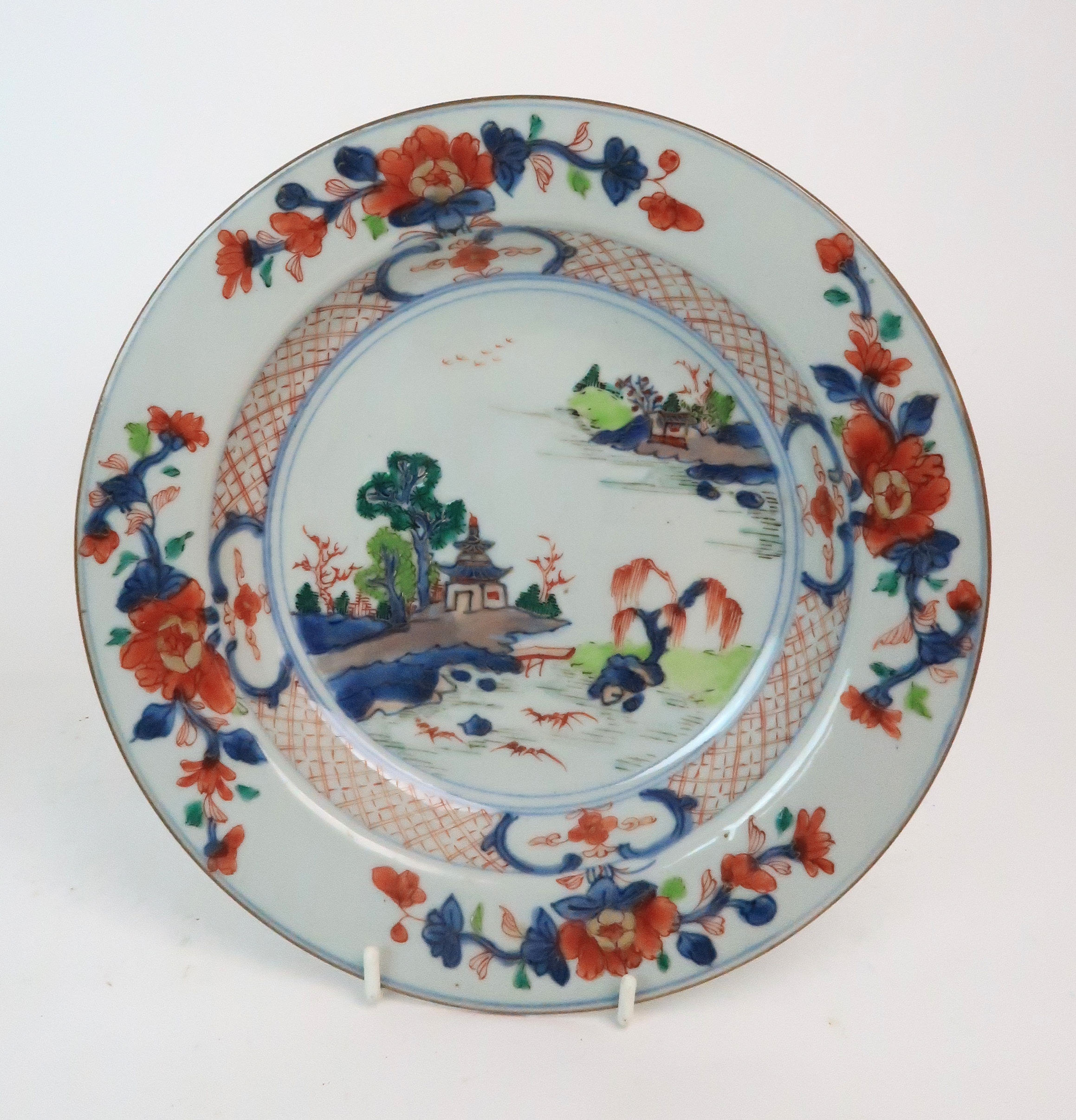 *WITHDRAWN* A PAIR CHINESE IMARI EXPORT PLATES painted with pagodas on islands, within diaper - Image 2 of 12