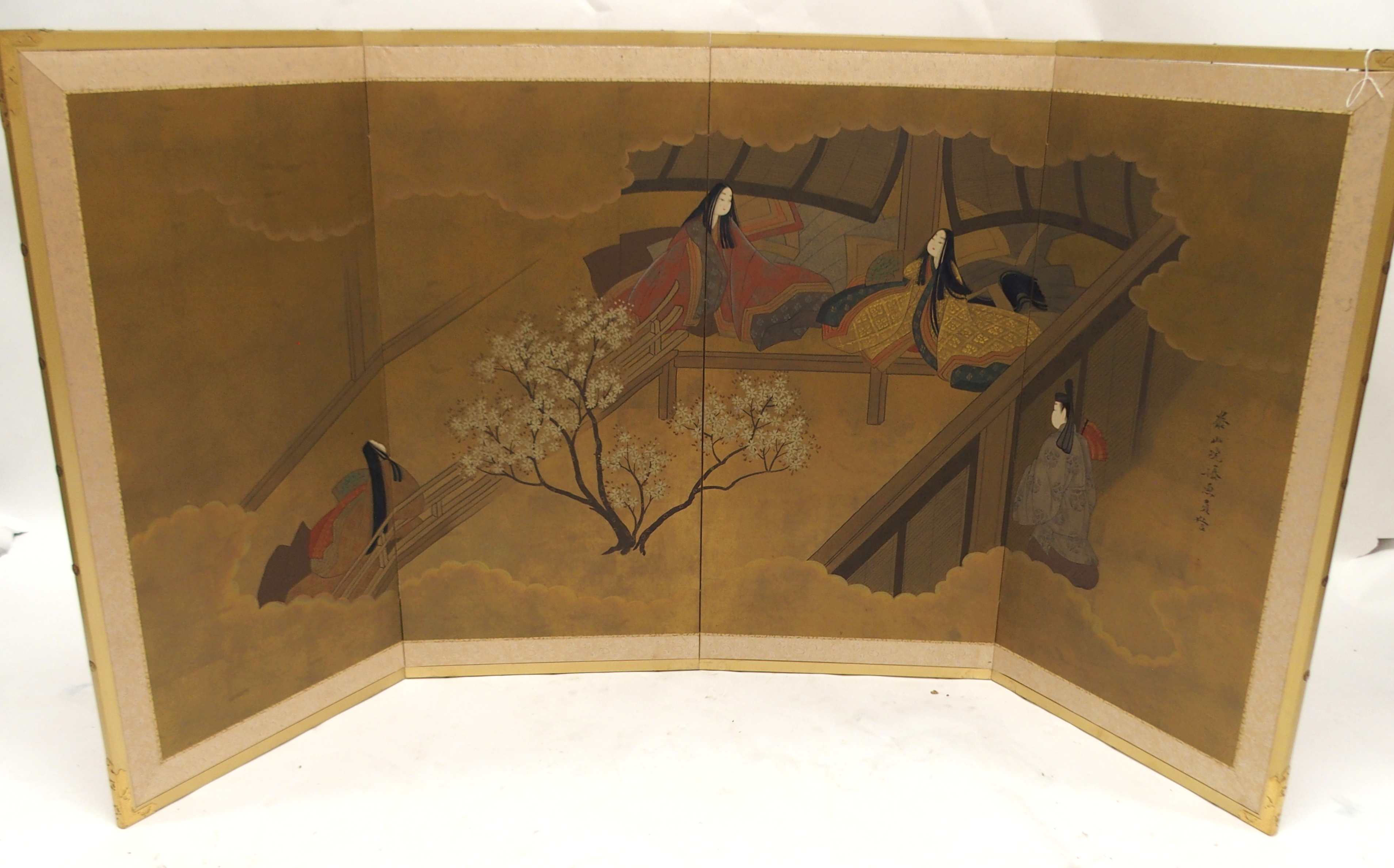 TWO JAPANESE FOUR FOLD SCREENS each with a mandarin and consorts on pavilions, reserves on a gold - Image 3 of 12