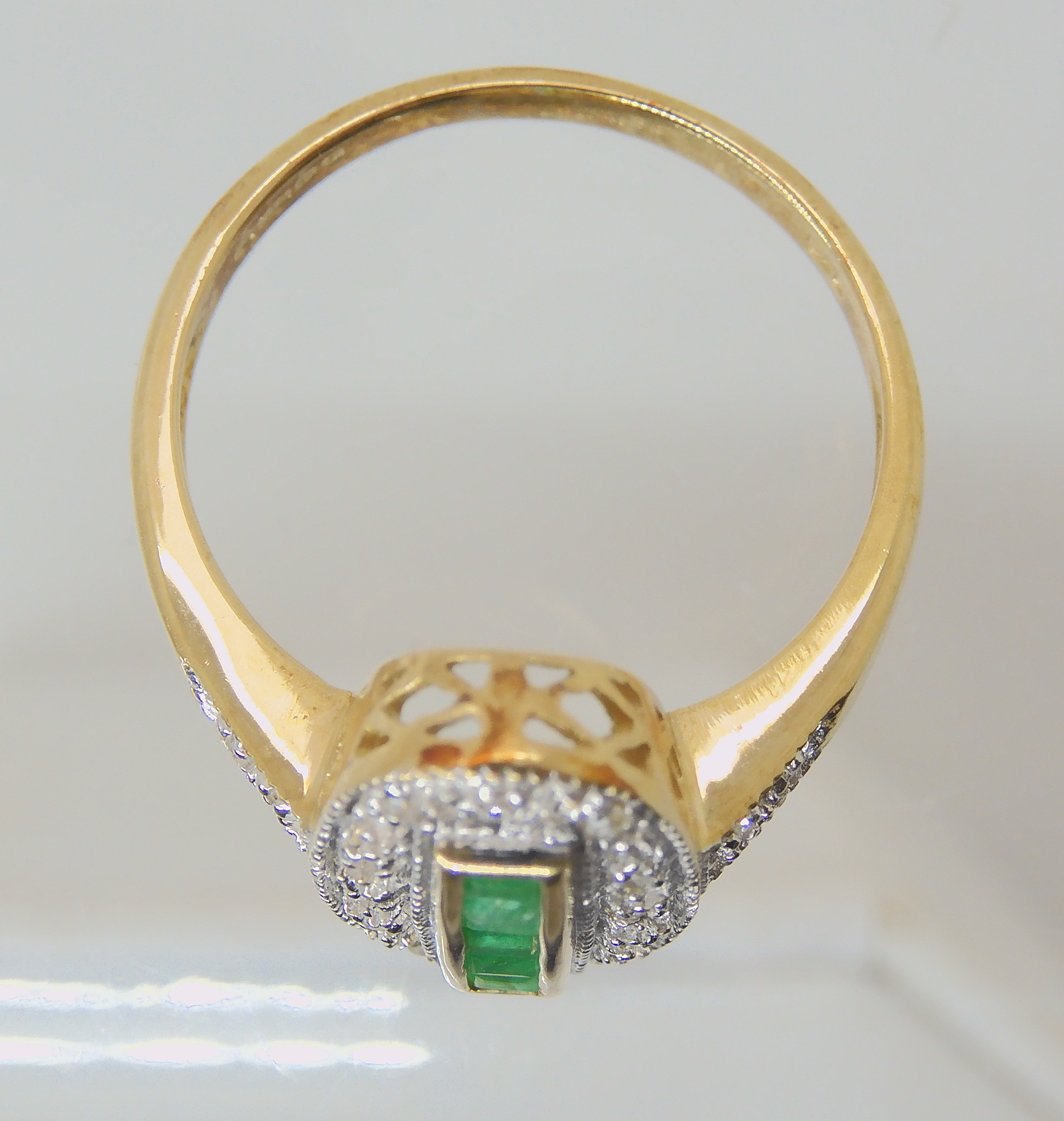 A 9CT GOLD ART DECO STYLE RING set with square cut emeralds and diamond accents, finger size O1/2, - Image 2 of 2