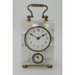 A MOTHER OF PEARL WECKER ALARM CARRIAGE CLOCK stamped D R P & G M, with a regular dial and an